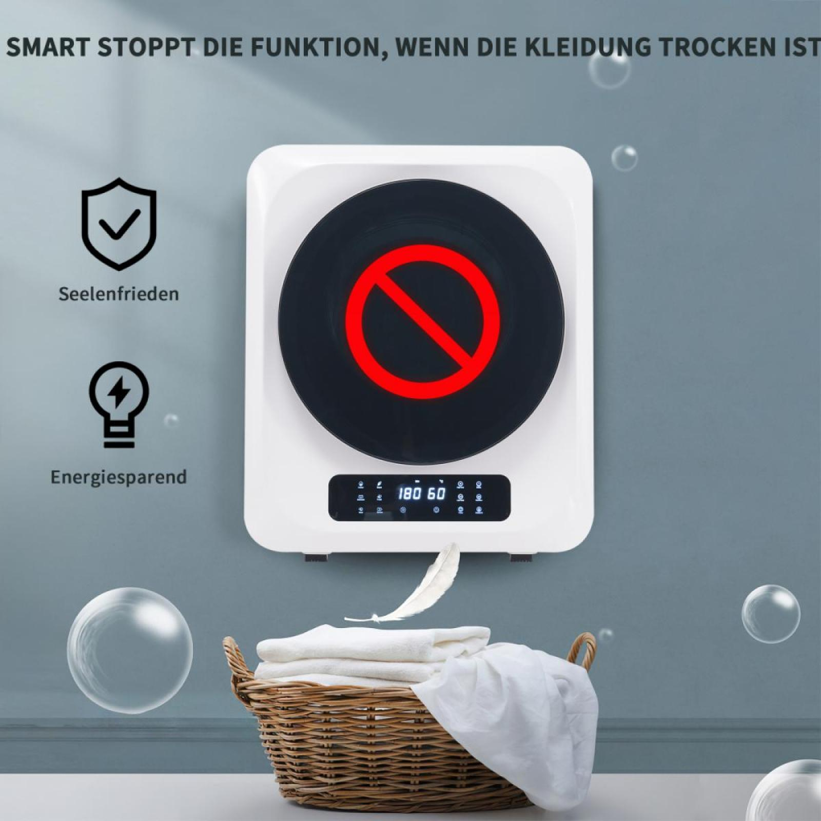 Weißes Gerät mit rotem Verbotssymbol. Korb mit Kleidung davor. Text: SMART STOPPT FUNKTION WENN KLEIDUNG TROCKEN IST.