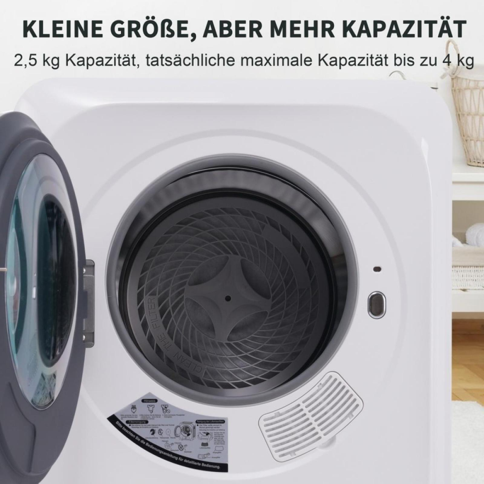 Ein weißer Trockner mit offener Tür. Im Inneren ist ein Filter sichtbar. Text: 'FILTER REINIGEN'.
