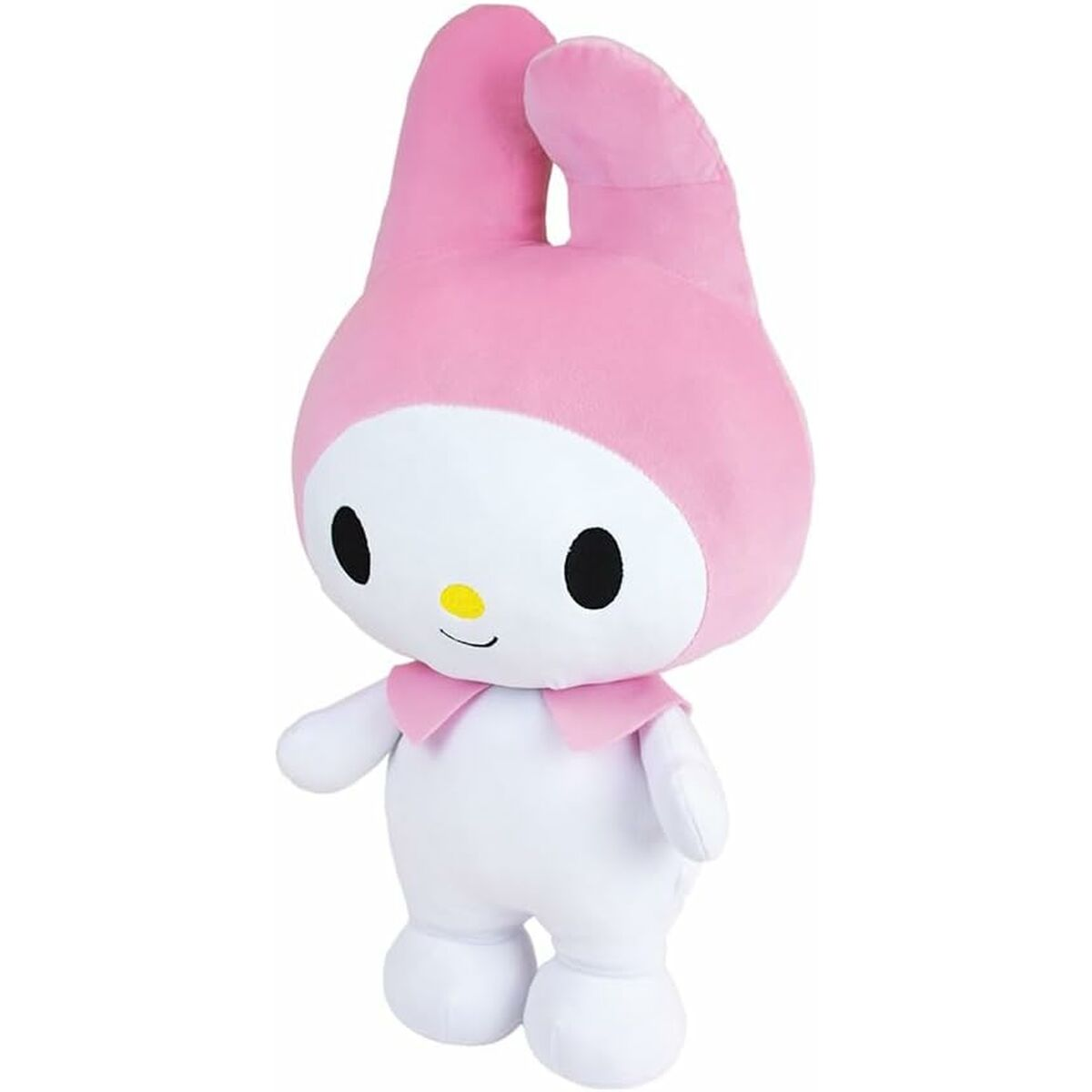 Ein My Melody-Plüschtier. Es ist weiß mit rosa Kapuze und Ohren. Es hat schwarze Augen und eine gelbe Nase. Der Hals hat einen rosa Kragen.