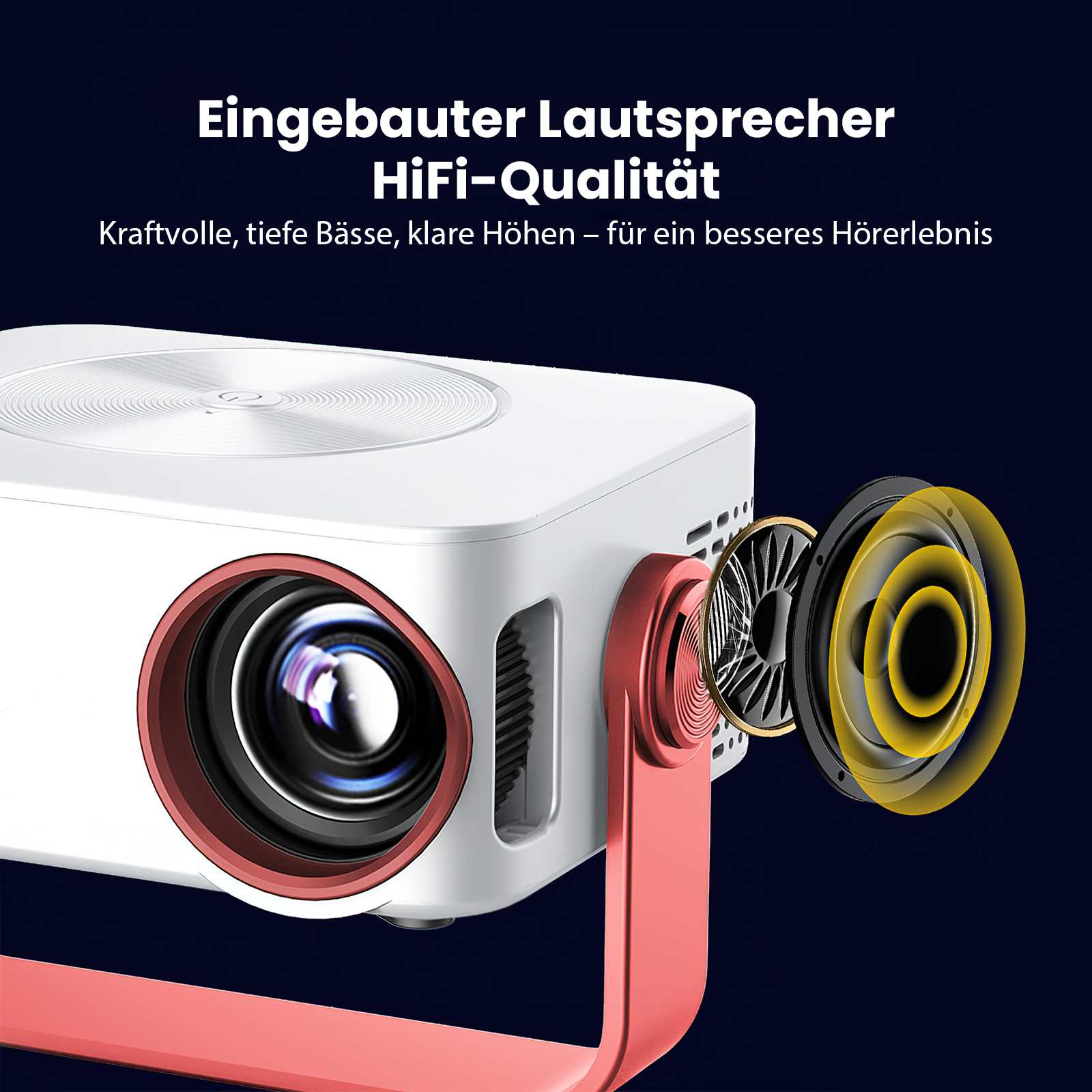 Weißer Projektor mit roten Akzenten. Lautsprecherkomponenten werden gezeigt. Text: 'Eingebauter Lautsprecher, HiFi-Qualität'.