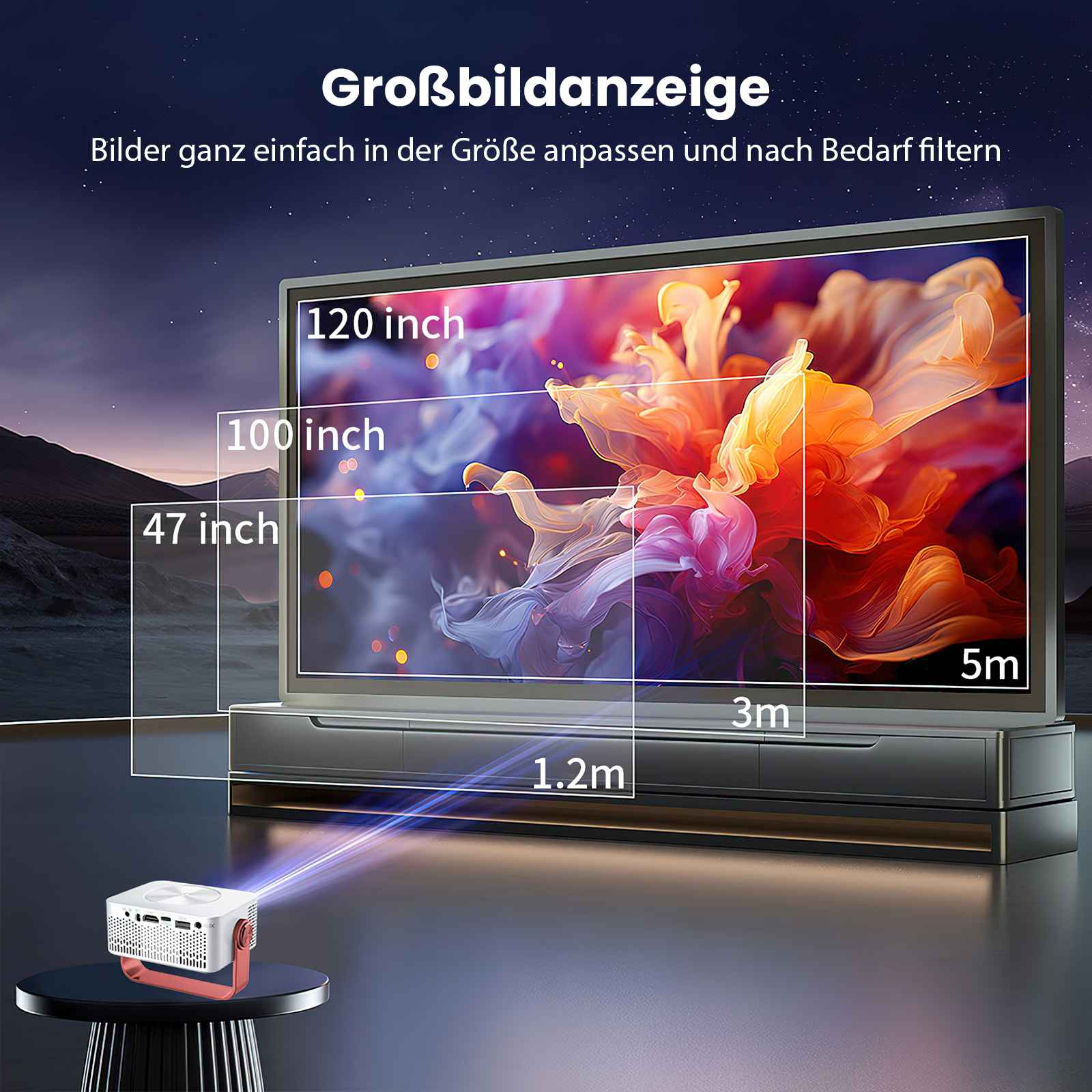 Ein Projektor projiziert auf eine Leinwand und zeigt Größenvergleiche. Der Text lautet 'Großbildanzeige'.