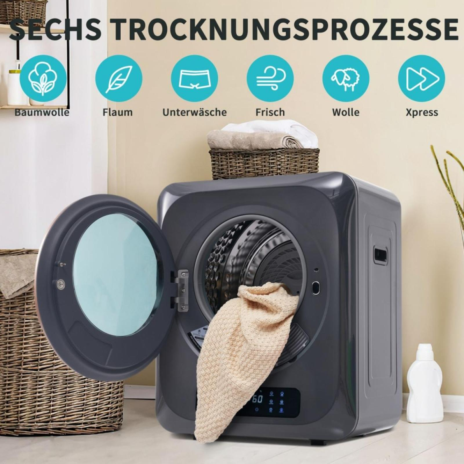 Ein grauer Trockner mit offener Tür, ein beiger Pullover im Inneren. Oben befindet sich ein Korb mit Handtüchern und Symbole über dem Trockner.