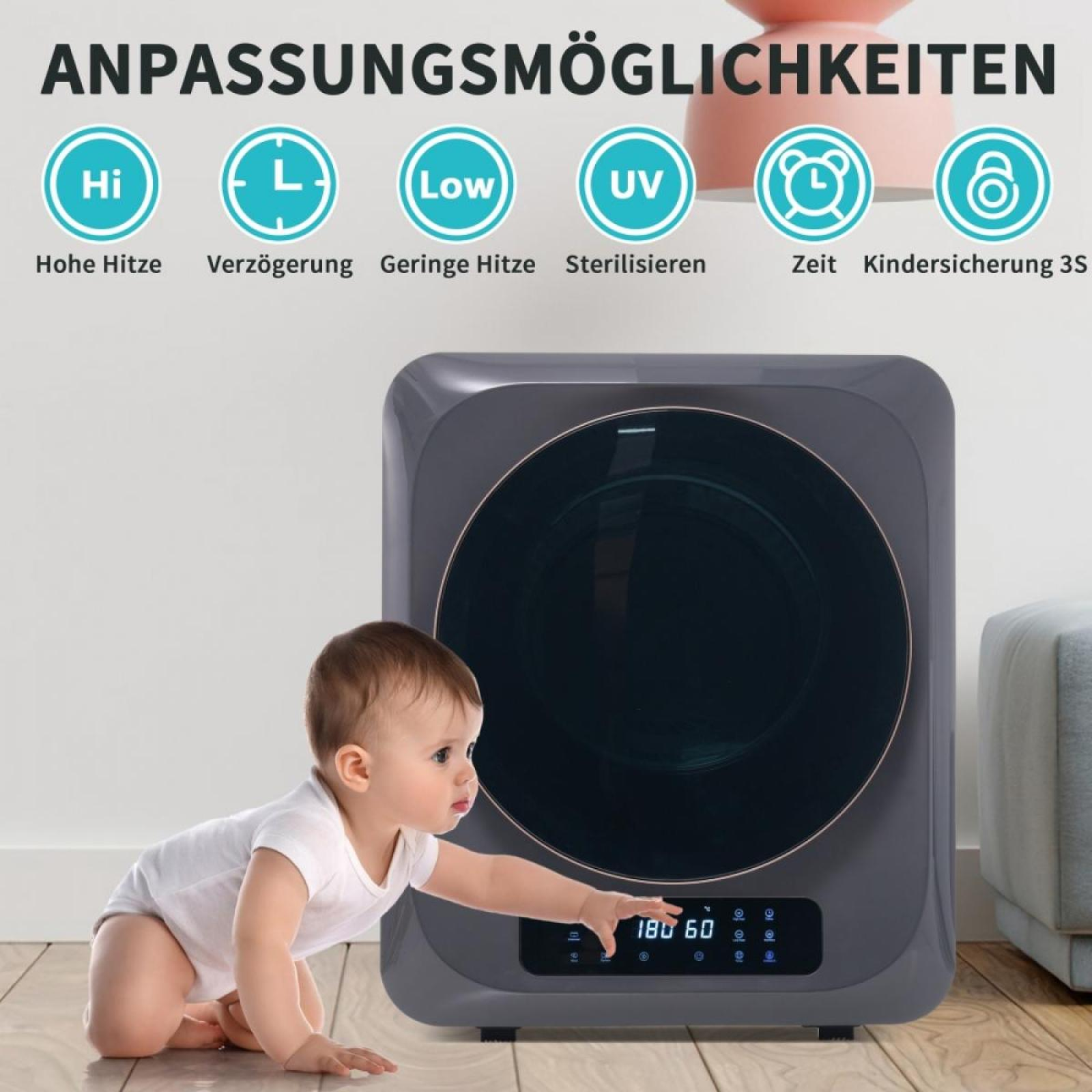 Ein Baby krabbelt auf ein graues Gerät mit digitaler Anzeige zu. Text oben beschreibt Einstellungen wie Hitze und Sterilisation.
