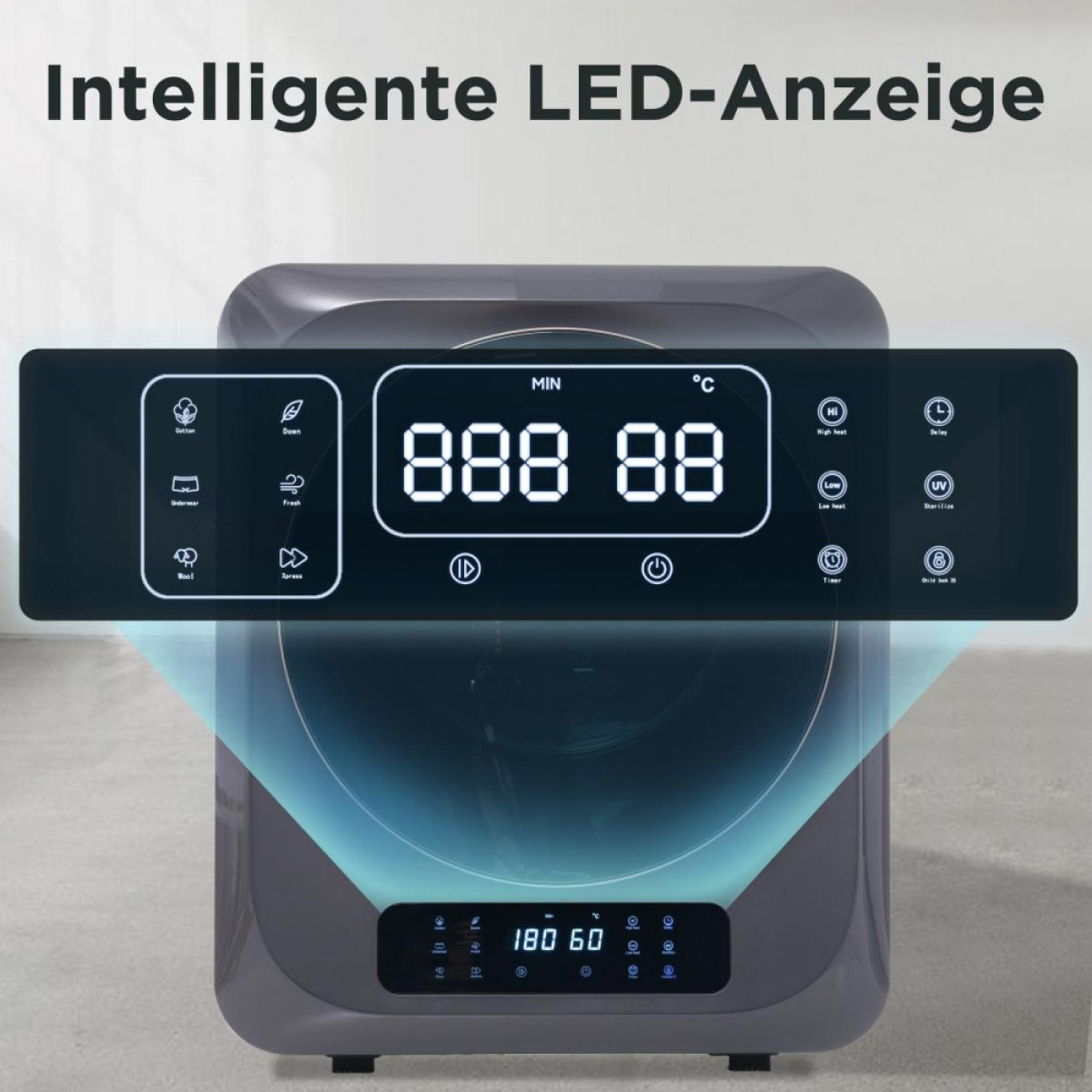 Ein digitales Display zeigt Zahlen und Symbole auf einer grauen Maschine. Der Bildschirm zeigt Temperatur und Einstellungen an.