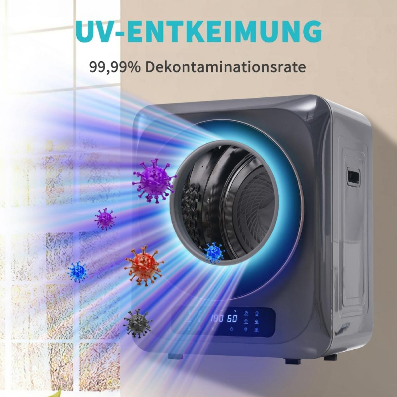 Eine graue UV-Desinfektionsmaschine mit blauen Lichtstrahlen und einigen Virusmodellen. Die Maschine steht an einer Wand.