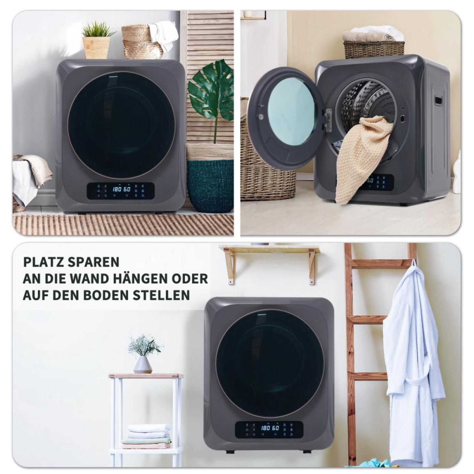 Ein grauer, moderner Wäschetrockner wird in drei Einstellungen gezeigt. Zu den Merkmalen gehören eine runde Tür und eine Digitalanzeige.