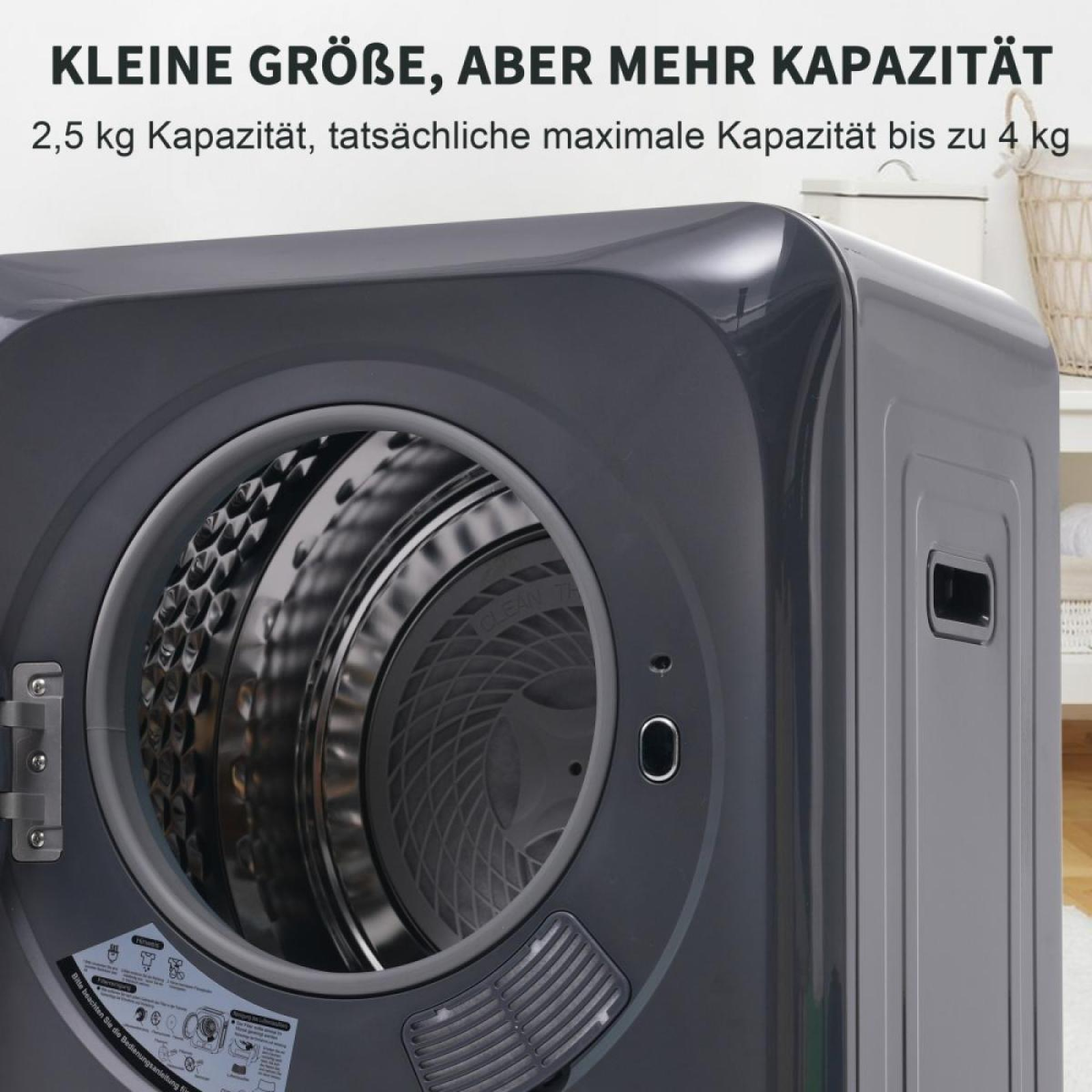 Eine graue Waschmaschine wird gezeigt. Die Tür ist offen und gibt den Innenraum frei. Text auf Deutsch ist sichtbar.