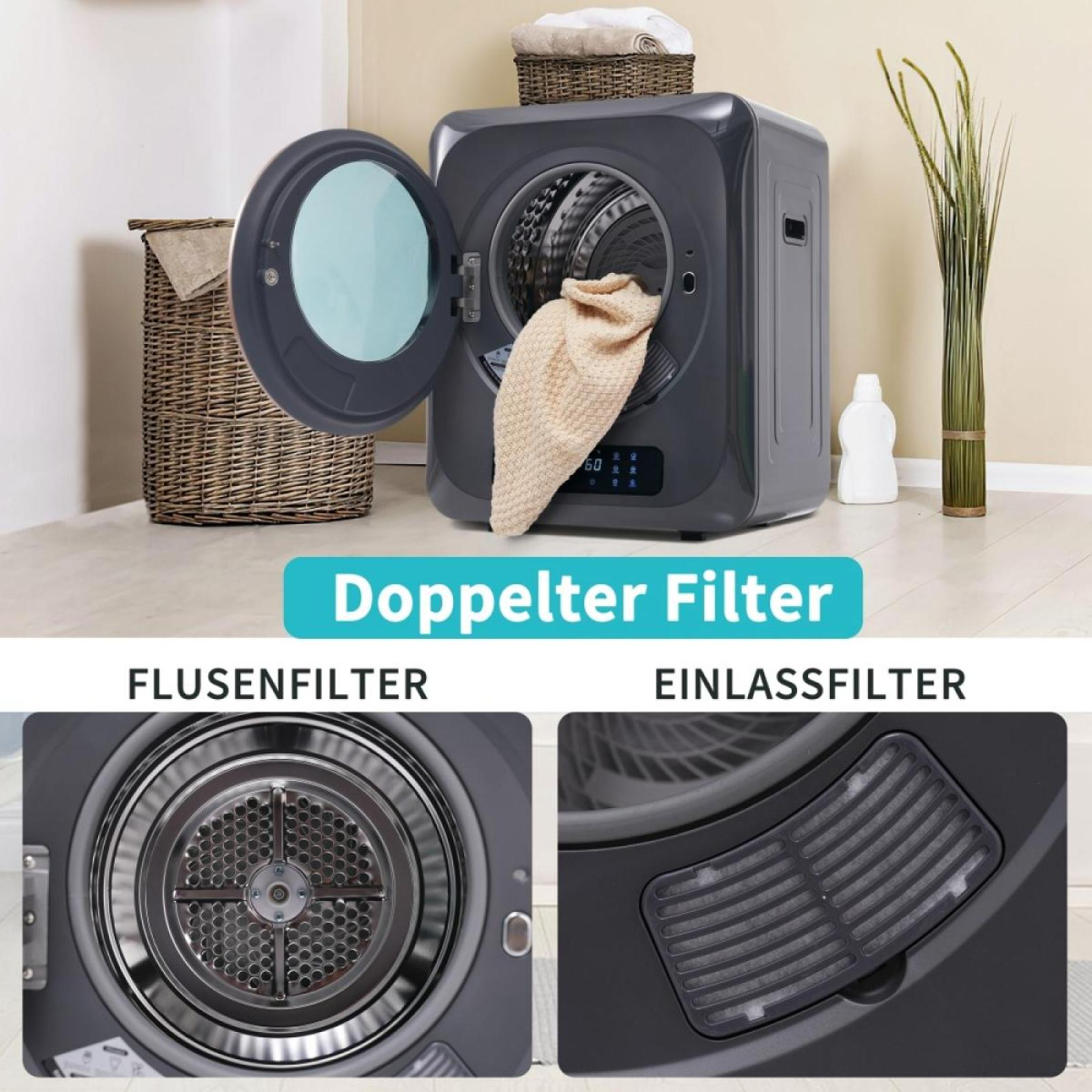 Ein grauer Trockner mit offener Tür, ein beiges Handtuch im Inneren. Ein Korb und eine Flasche sind an den Seiten.