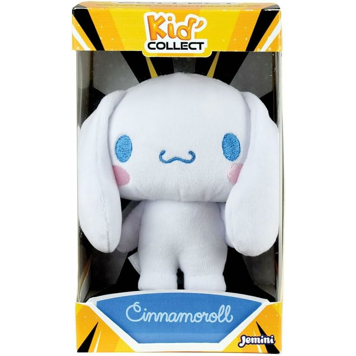 Ein weißes Cinnamoroll-Plüschtier in einer Box. Es hat blaue Augen, rosige Wangen und einen blauen Schnurrbart. Auf der Box steht 'Kid Collect' und 'Cinnamoroll'.
