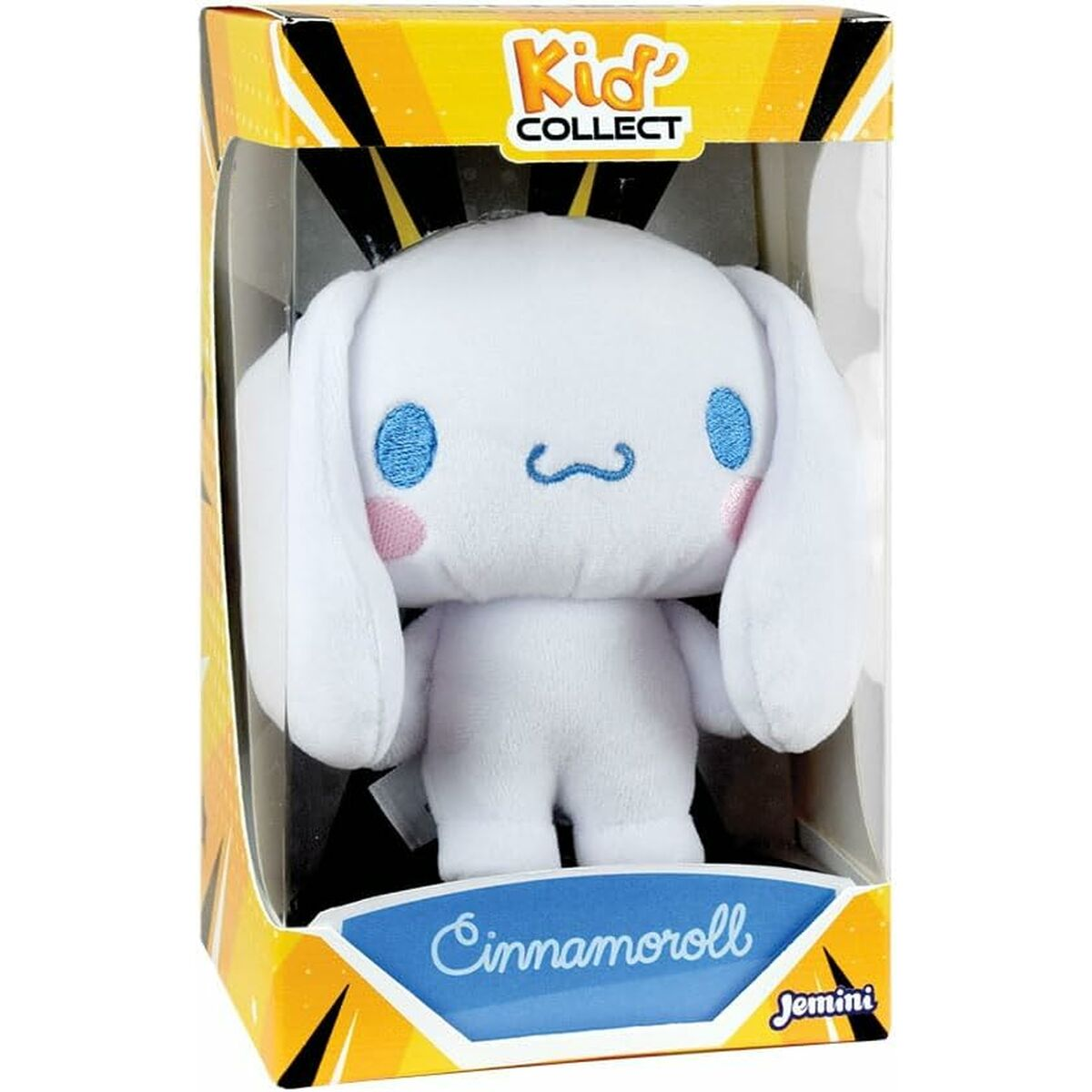 Ein weißes Cinnamoroll-Plüschtier in einer Box. Es hat blaue Augen, einen kleinen Schnurrbart und rosige Wangen in einer Kid's Collect Box.