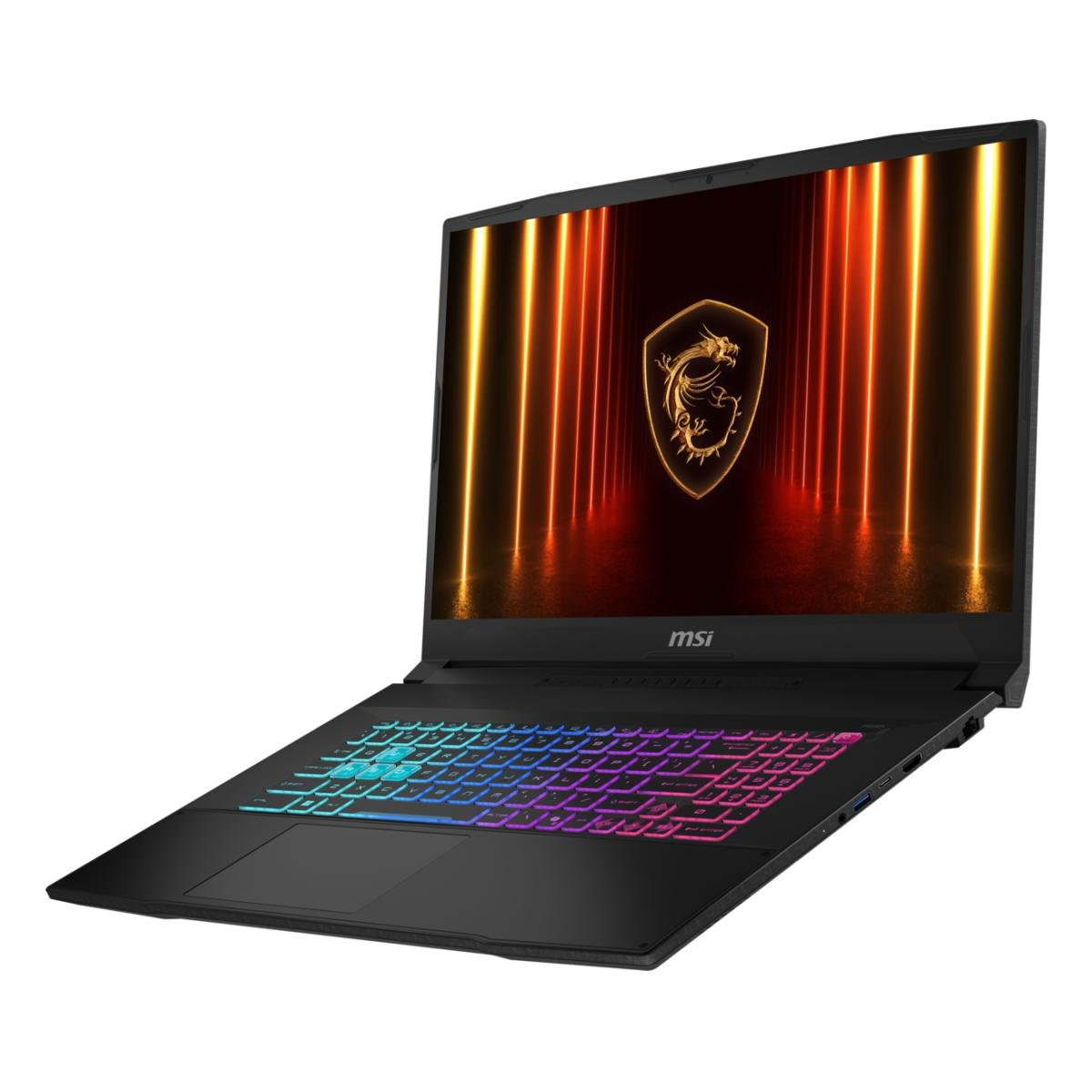 Ein schwarzer MSI-Laptop wird in einem Winkel angezeigt. Die Tastatur hat eine Regenbogen-Hintergrundbeleuchtung, der Bildschirm ein Drachenlogo.