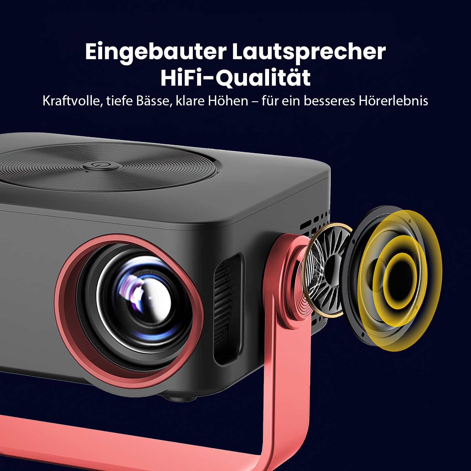 Ein schwarzer Projektor mit roter Akzentuierung und eine Explosionsansicht eines Lautsprechers. Text: HiFi-Qualität.