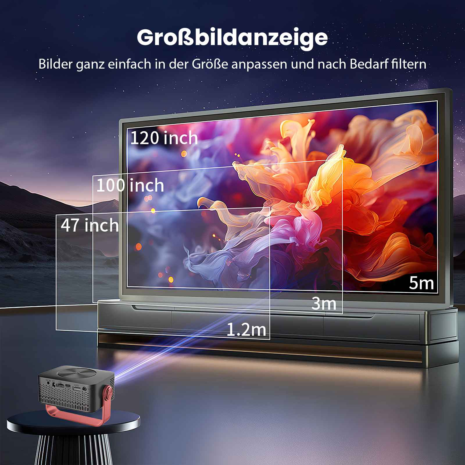 Ein Projektor projiziert auf eine Leinwand. Zeigt Größen und Entfernungen an. Text: Großbildanzeige.