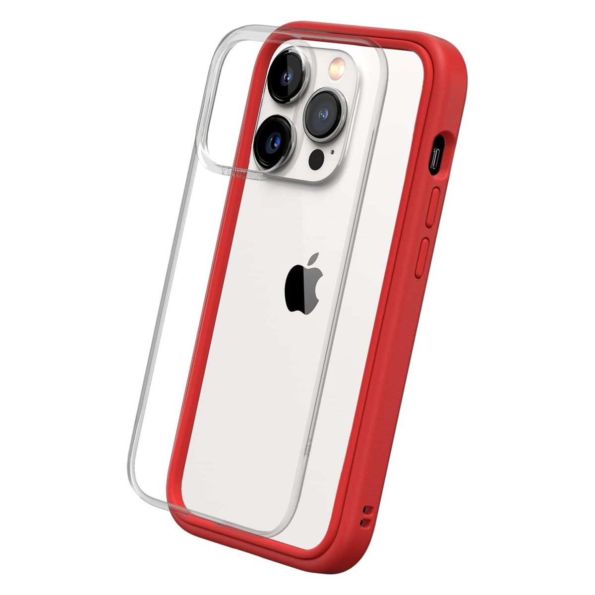 Una custodia rossa per iPhone con copertura trasparente. Il telefono ha il retro bianco con il logo Apple, tre fotocamere e un bordo rosso.