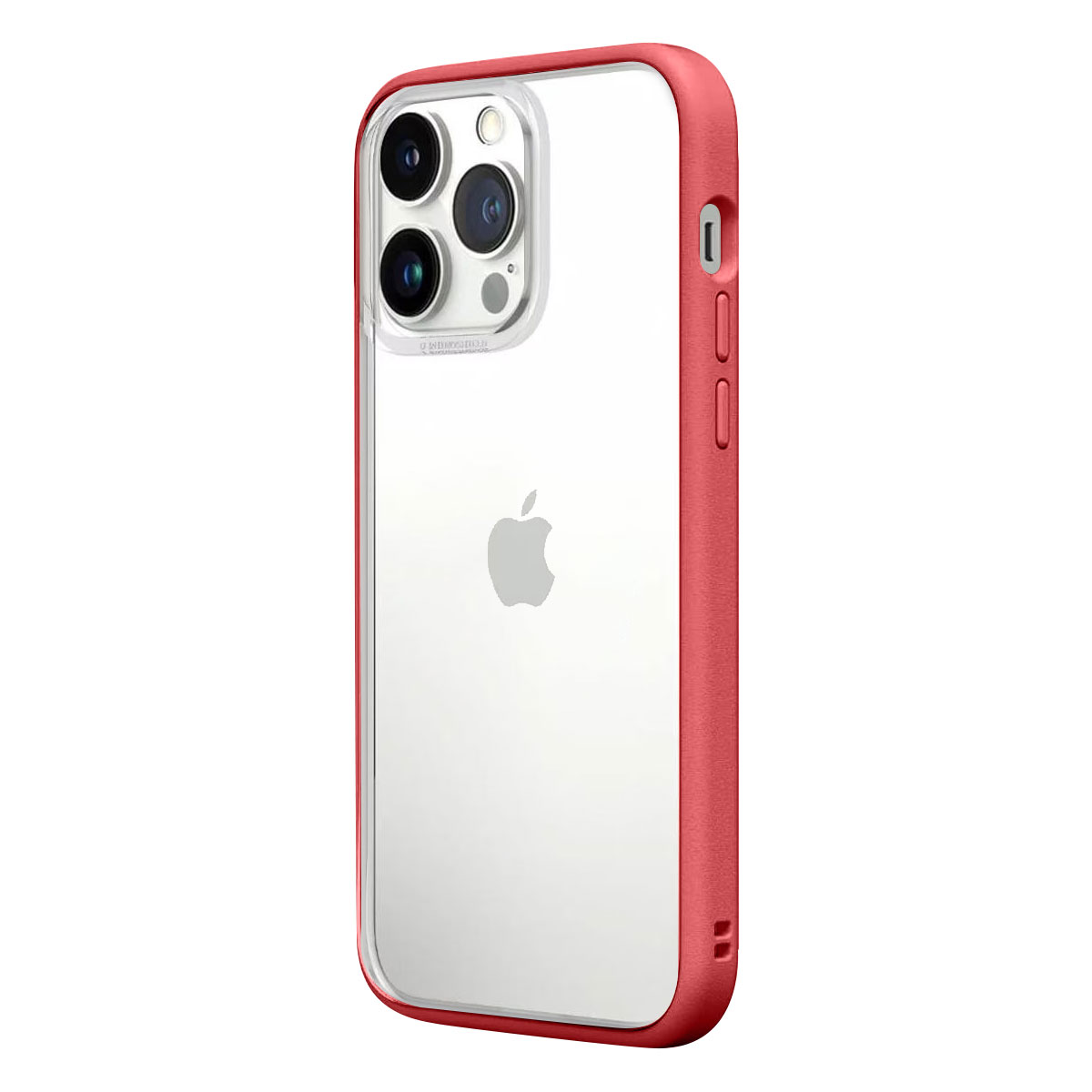 Un iPhone in una custodia protettiva rossa. La custodia ha un retro trasparente con un logo Apple. Le lenti della fotocamera sono visibili.