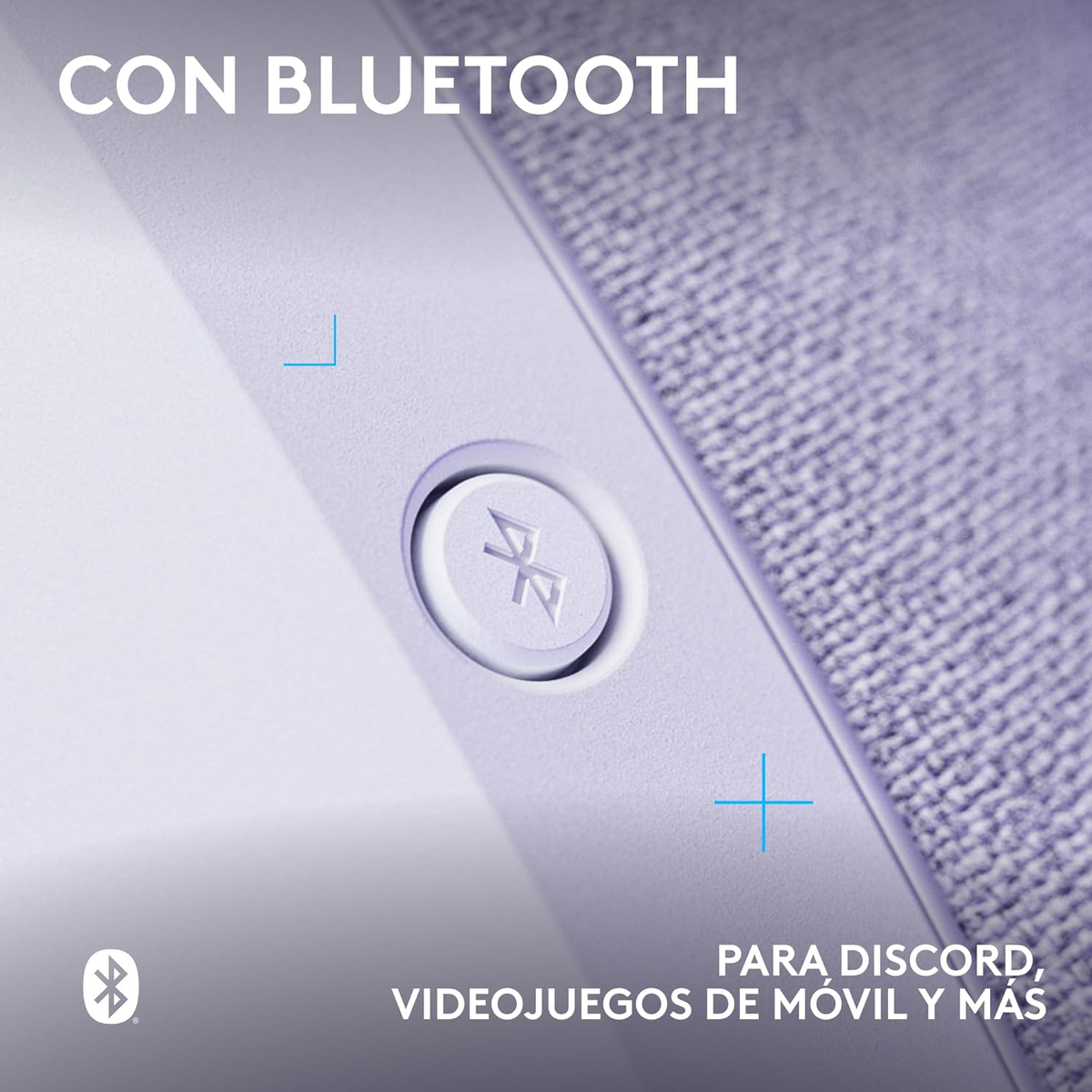 Close-up of a device with a button featuring a Bluetooth symbol. Text reads 'CON BLUETOOTH' and 'PARA DISCORD, VIDEOJUEGOS DE MÓVIL Y MÁS'.