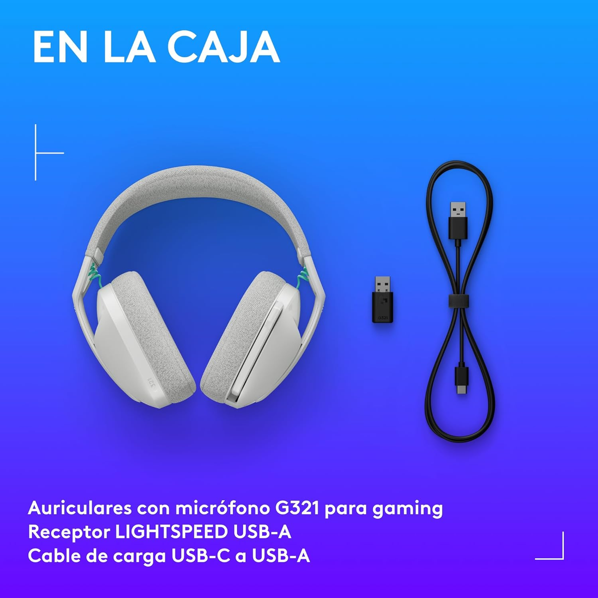White gaming headphones with microphone, USB receiver, and charging cable on a blue gradient background.
