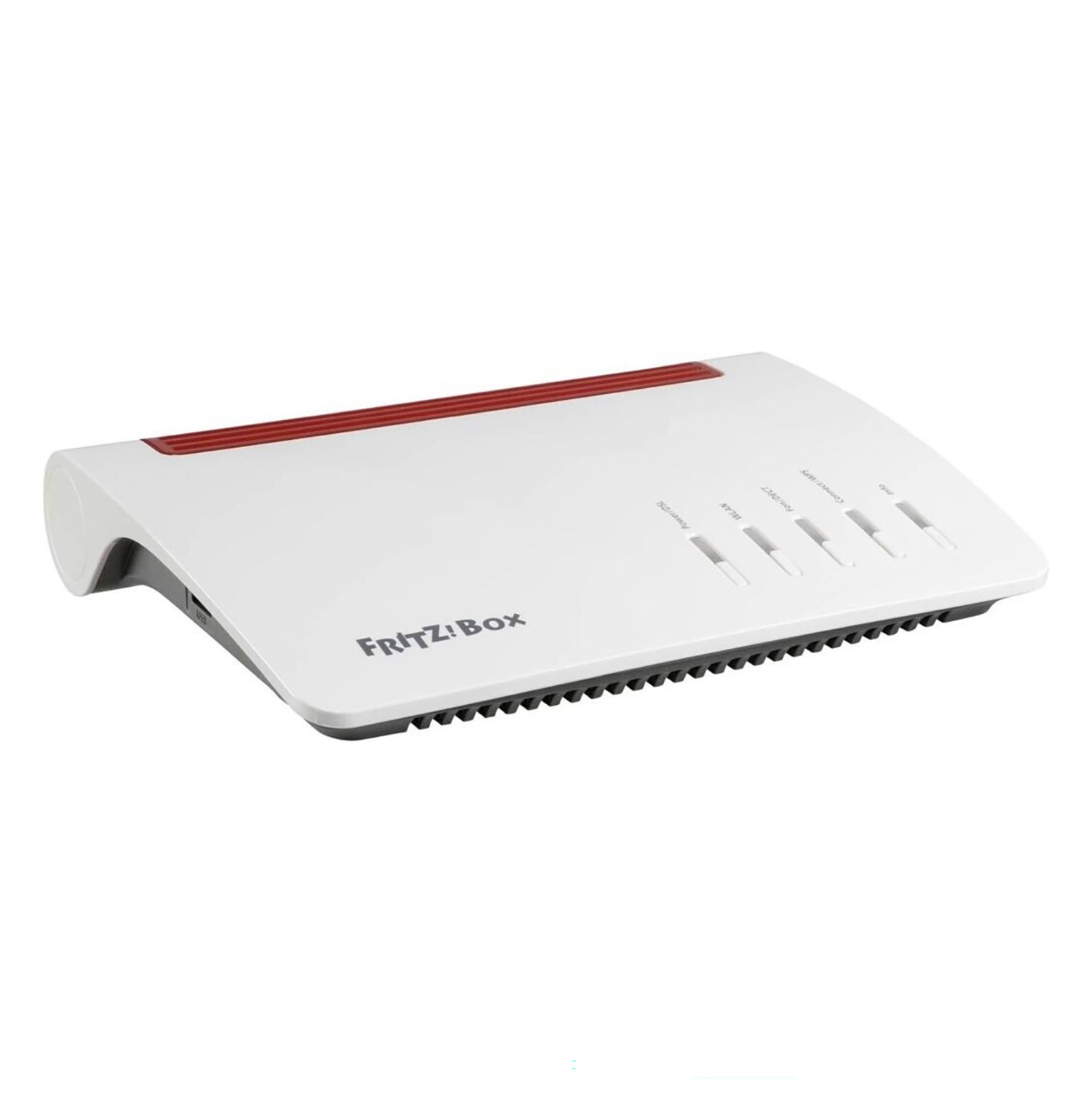 Ein weißer FRITZ!Box-Router mit roten Akzenten. Er hat Kontrollleuchten und eine schwarze Unterkante. Das Logo ist sichtbar.