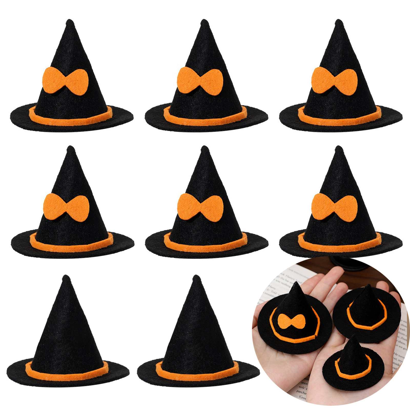 Neun schwarze Hexenhüte mit orangefarbenen Schleifen und Verzierungen werden gezeigt. Einige sind auf einer weißen Oberfläche angeordnet, andere werden in der Hand gehalten.