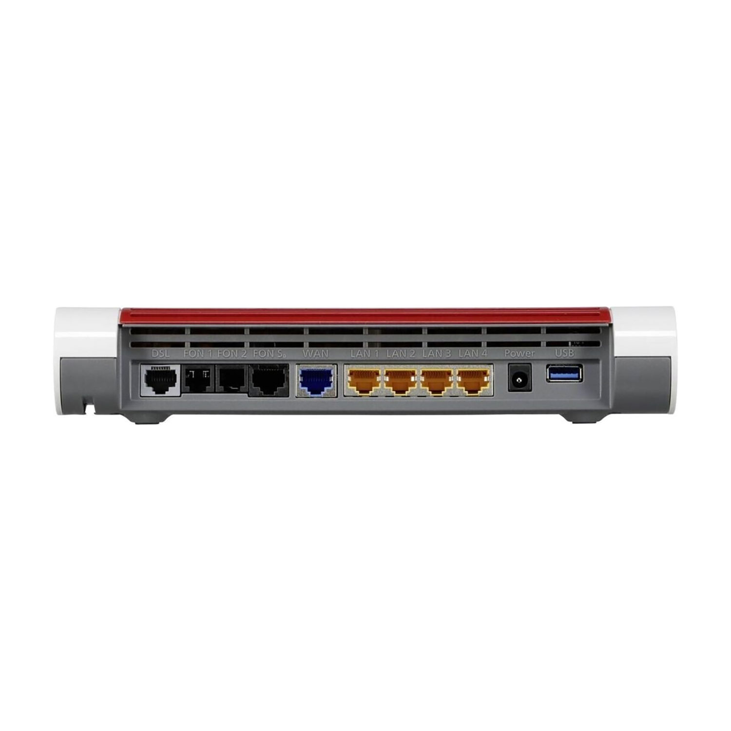 Nahaufnahme der Rückseite eines weißen und grauen Routers. Es hat verschiedene Anschlüsse mit der Aufschrift DSL, WAN, LAN, Power und USB. Ein roter Streifen verläuft oben.