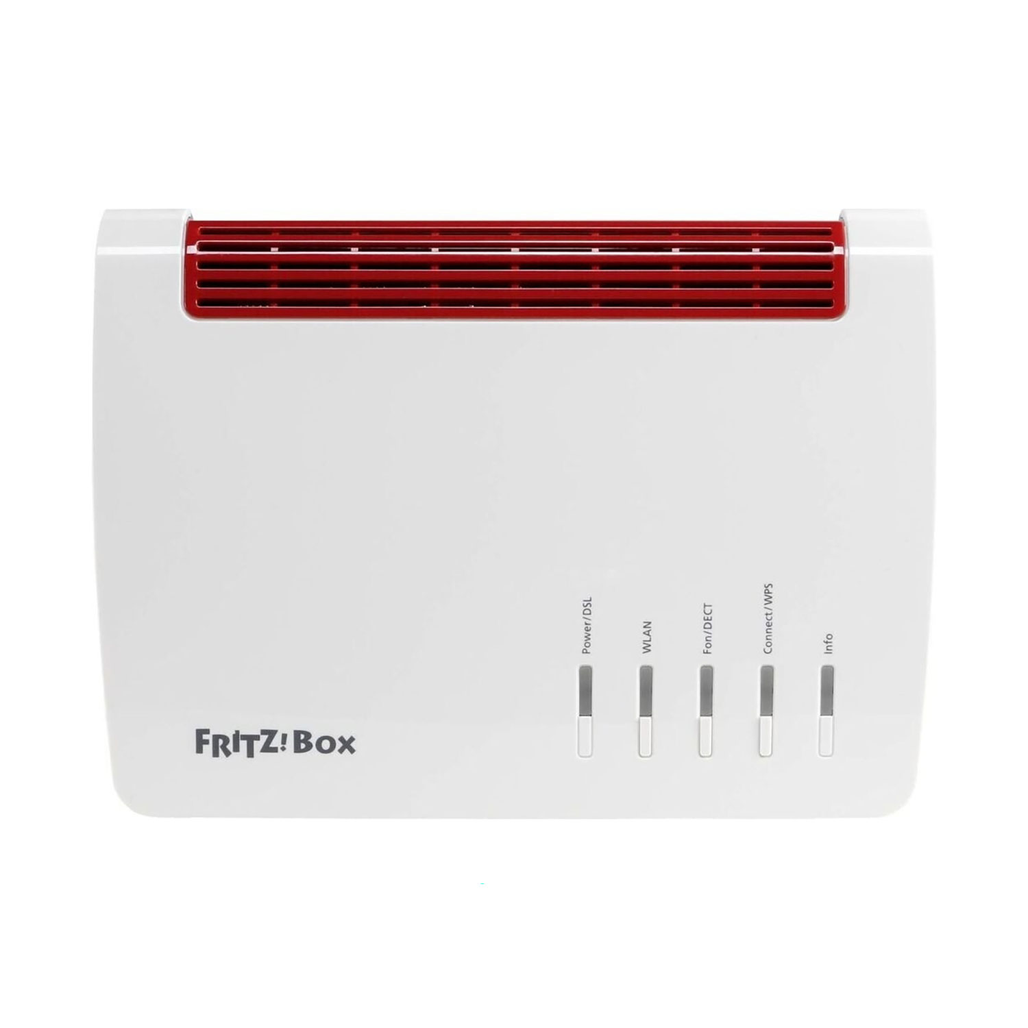 Weißer Router mit rotem Oberteil, beschriftet mit 'FRITZ!Box'. Power/DSL-, WLAN-, Fon/DECT-, Connect/WPS- und Info-Lichter.