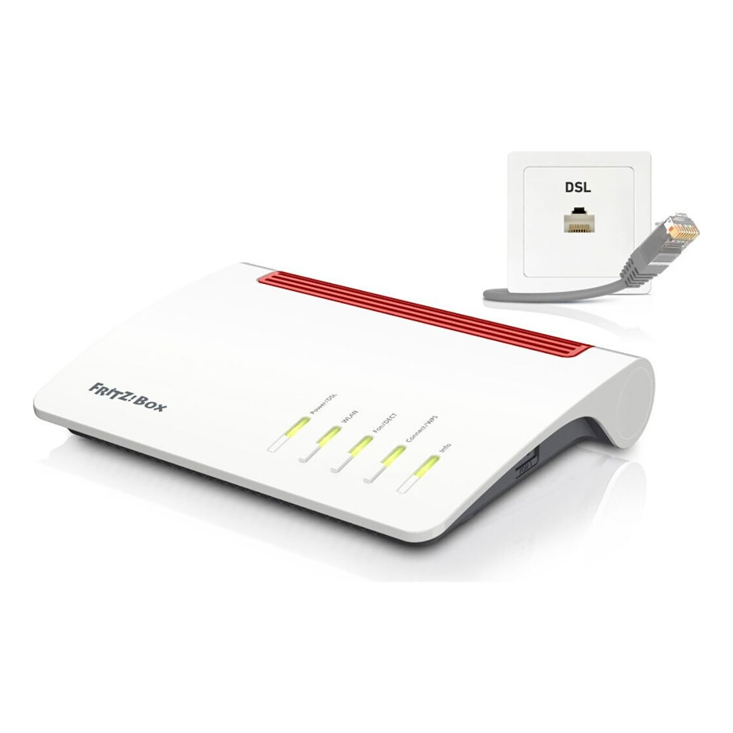 Ein weißer Router mit rotem Streifen, eine DSL-Buchse und ein graues Kabel. Der Router hat mehrere Lichter.