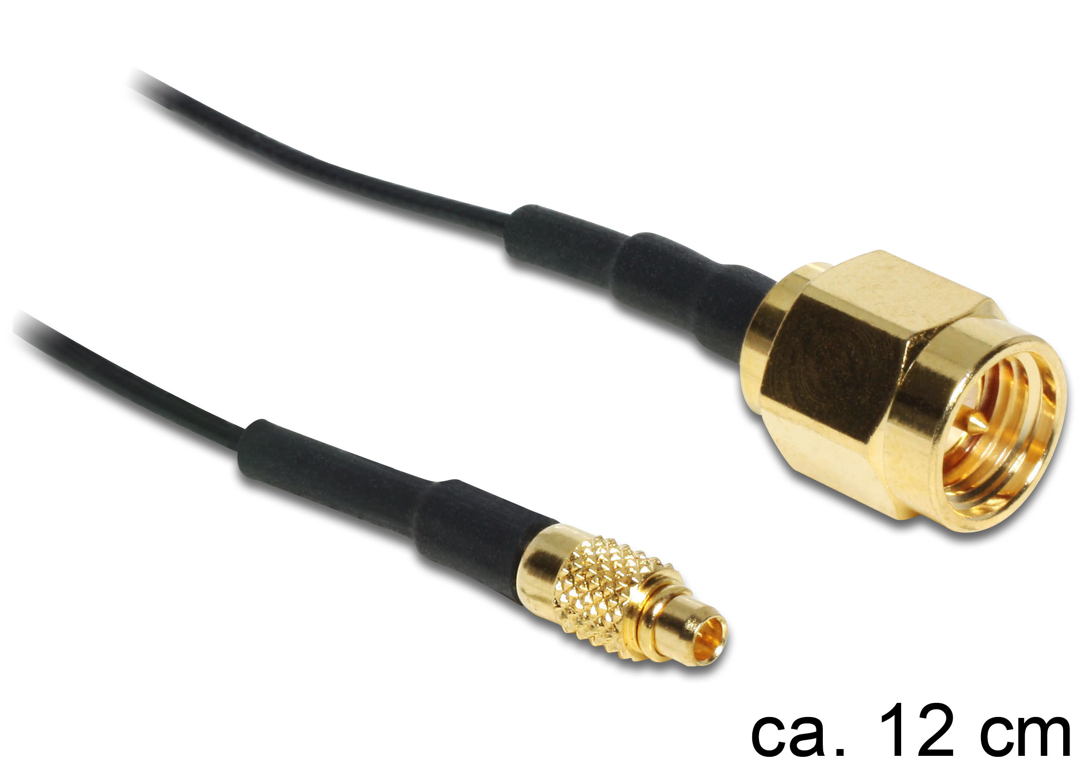 Due connettori dorati con cavi neri su sfondo bianco. Un connettore è più grande. Testo: 'ca. 12 cm'.