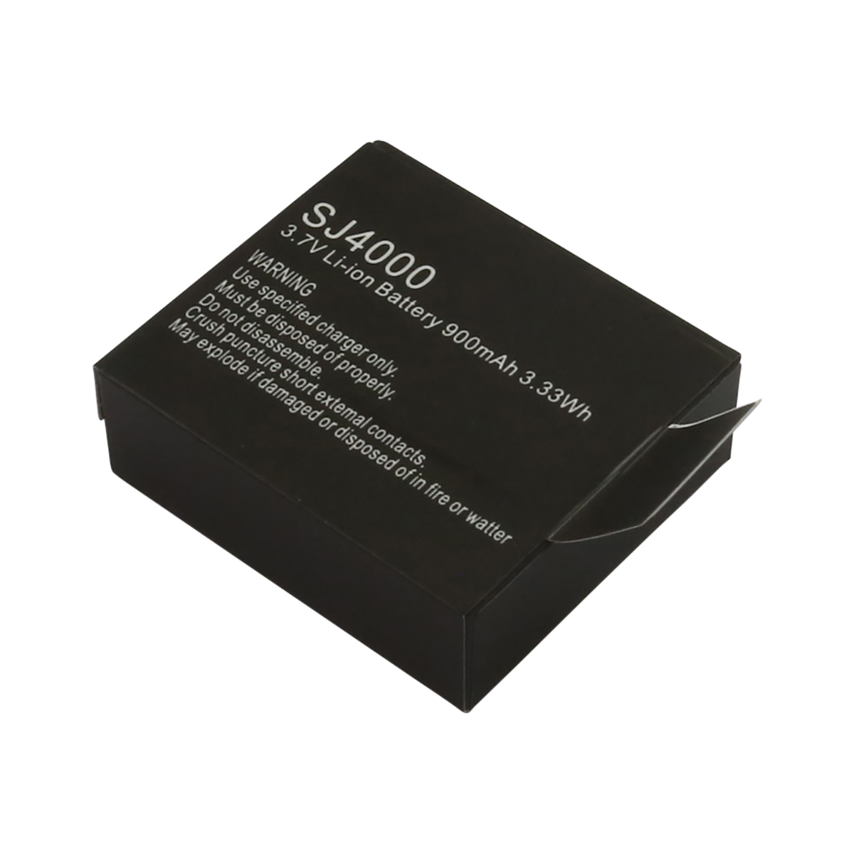Caja de batería negra con texto blanco: SJ4000, 3.7V Li-ion, advertencia e instrucciones de eliminación. El fondo es blanco.