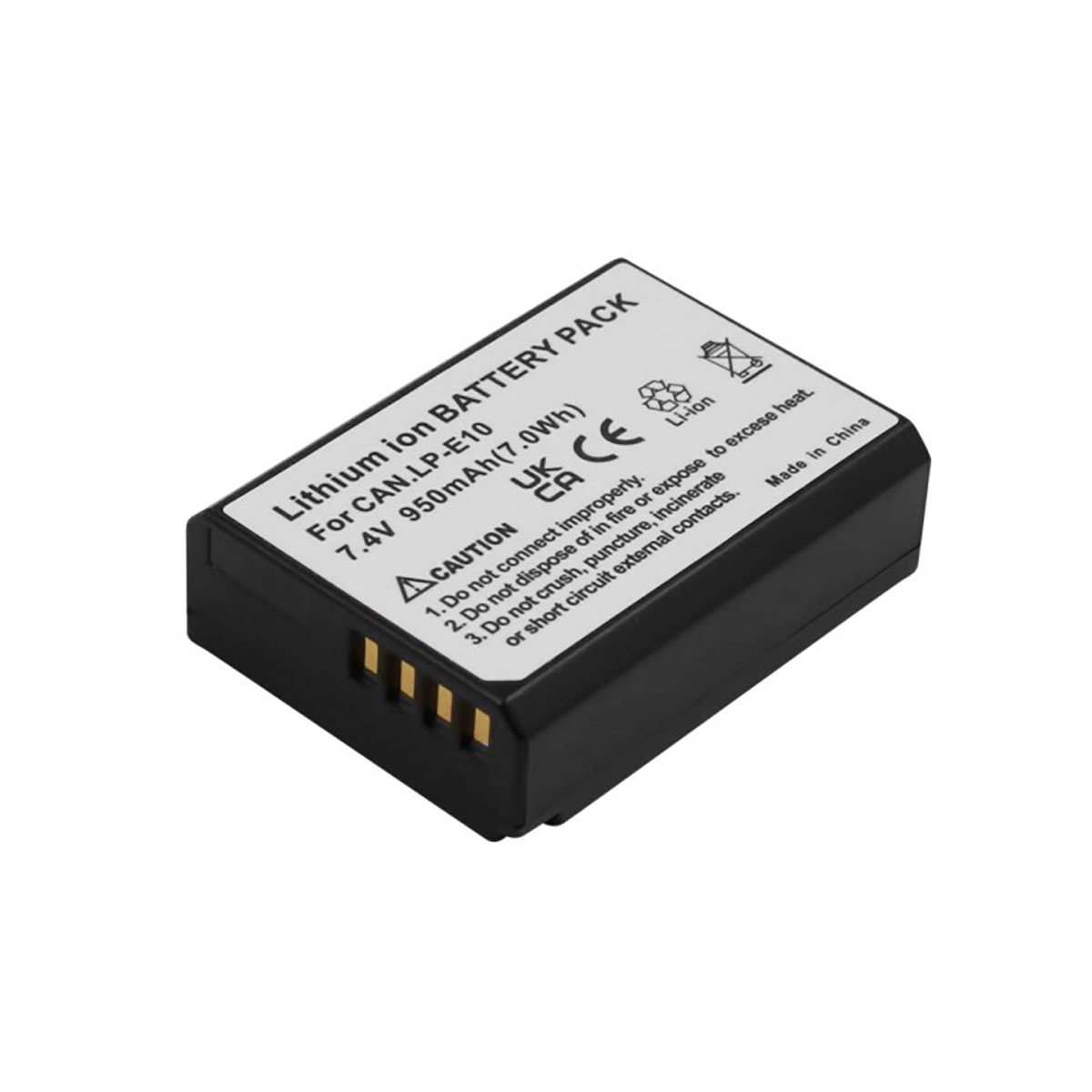 Una batteria agli ioni di litio nera con testo bianco. Contiene avvertenze di sicurezza e dettagli tecnici. Prodotto in Cina.