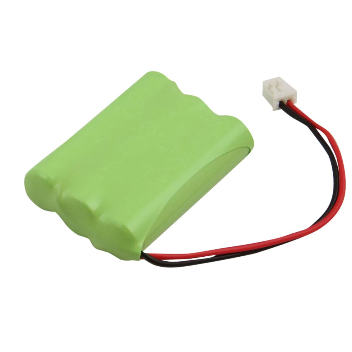 Ein grünes Batteriepack mit weißem Stecker. Rote und schwarze Drähte gehen vom Stecker ab. Das Pack befindet sich auf weißem Hintergrund.