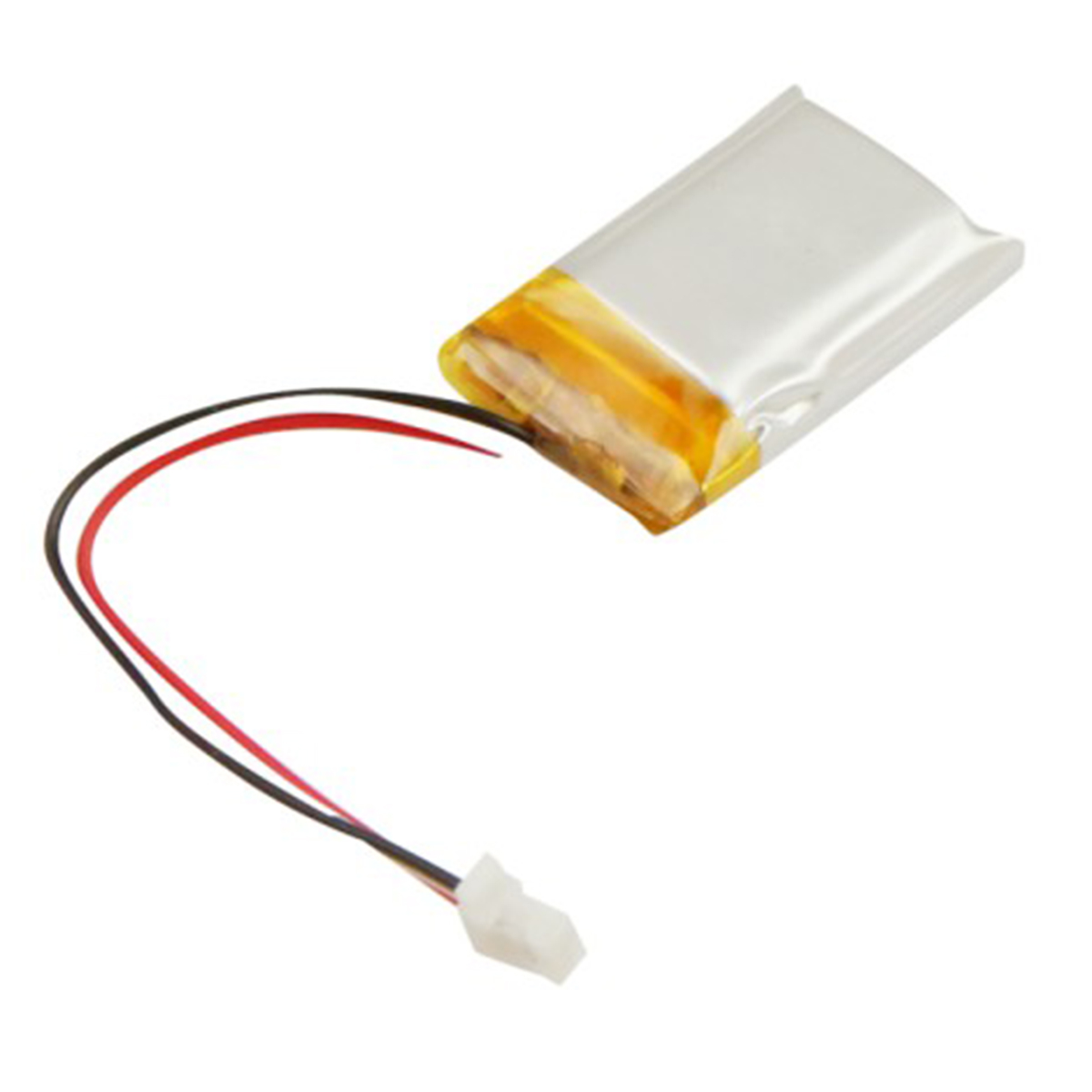 Ein kleiner, weißer Akku mit gelben und schwarzen Drähten, einem roten Draht und einem weißen Stecker am Ende.