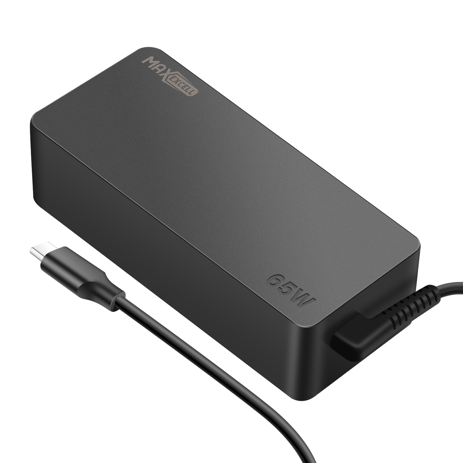 Un caricabatterie per laptop nero con cavo USB-C, etichettato con '65W' e il marchio 'MAXEXCELL'.