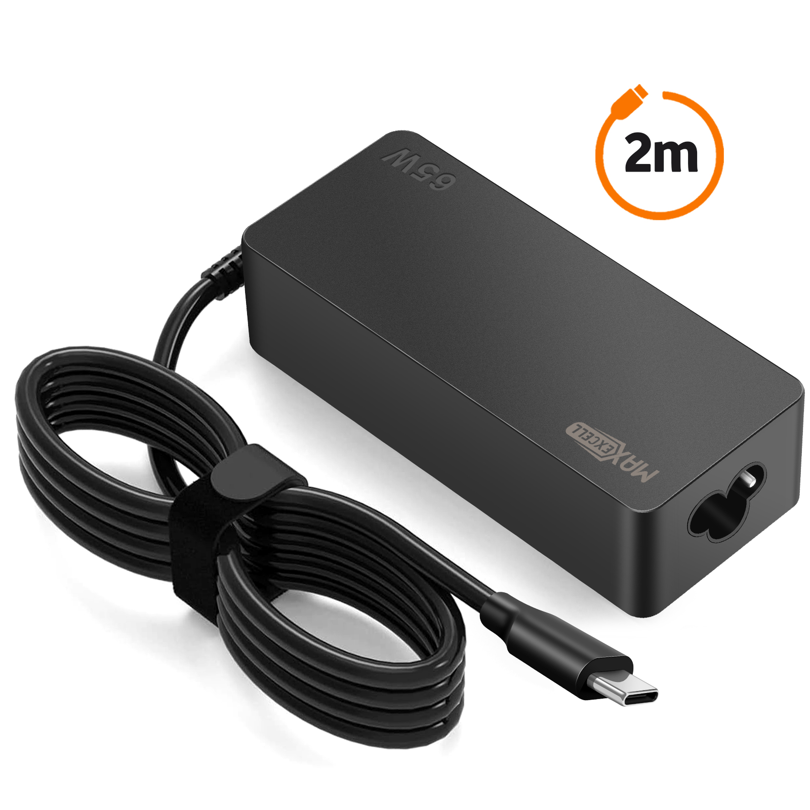 Caricabatterie nero per laptop da 65 W con cavo avvolto. Un cerchio arancione da 2 m indica la lunghezza del cavo.