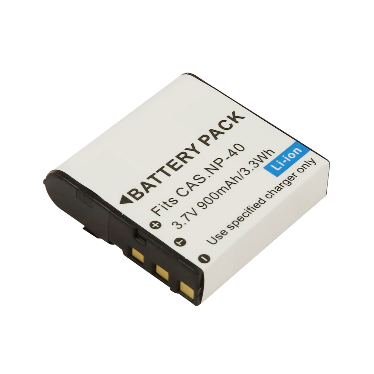 Batteria rettangolare bianca e nera. Il testo include 'BATTERY PACK', 'Fits CAS.NP-40' e 'Li-ion'.