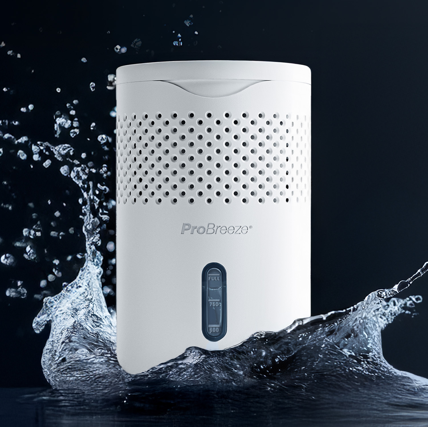 Ein weißer ProBreeze-Luftentfeuchter mit Wasserspritzer. Das Gerät hat einen perforierten Körper und eine Wasserstandsanzeige.