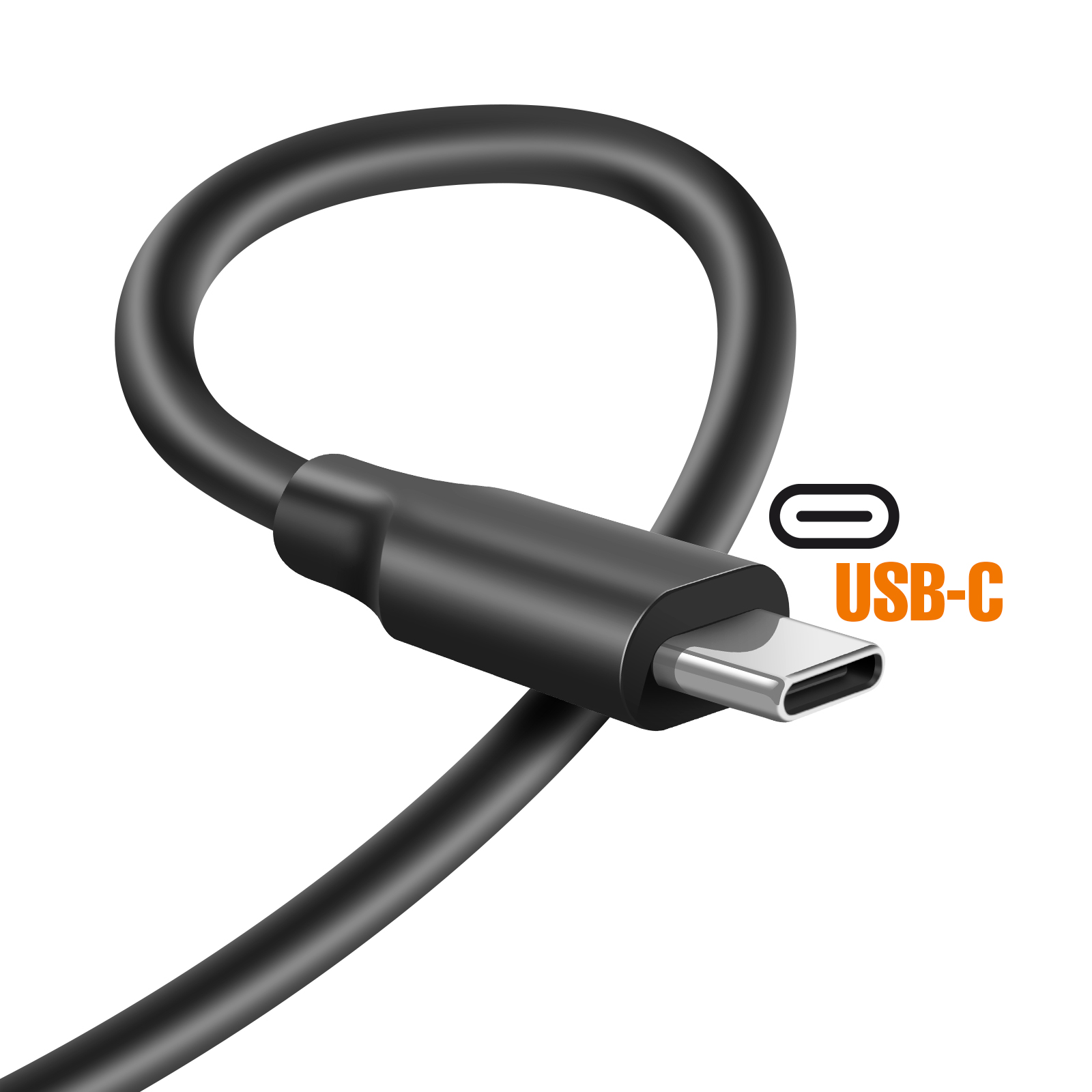 Cavo USB-C nero con connettore argento. Il cavo è piegato. Il simbolo e il testo USB-C sono arancioni.