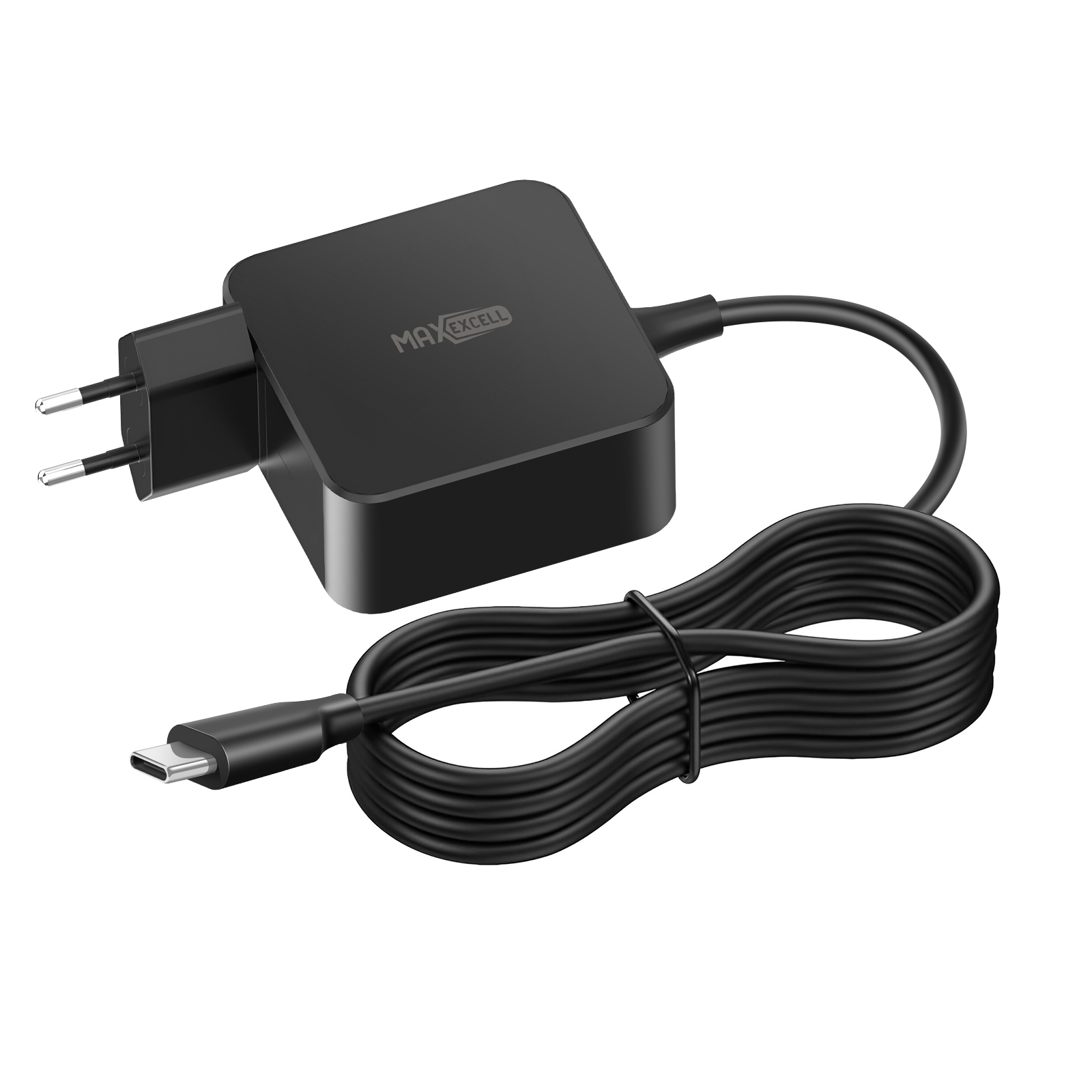 Un caricabatterie Maxcell nero con cavo USB-C, spina e il nome del marchio sul caricabatterie.
