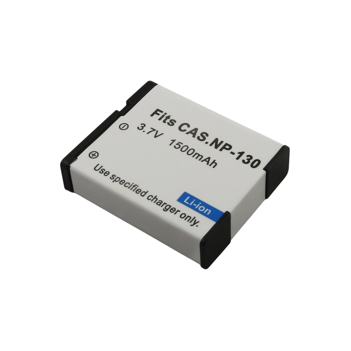 Una batteria bianca e nera con l'etichetta 'Fits CAS.NP-130 3.7V 1500mAh Li-ion'. Presenta istruzioni e un accento blu.