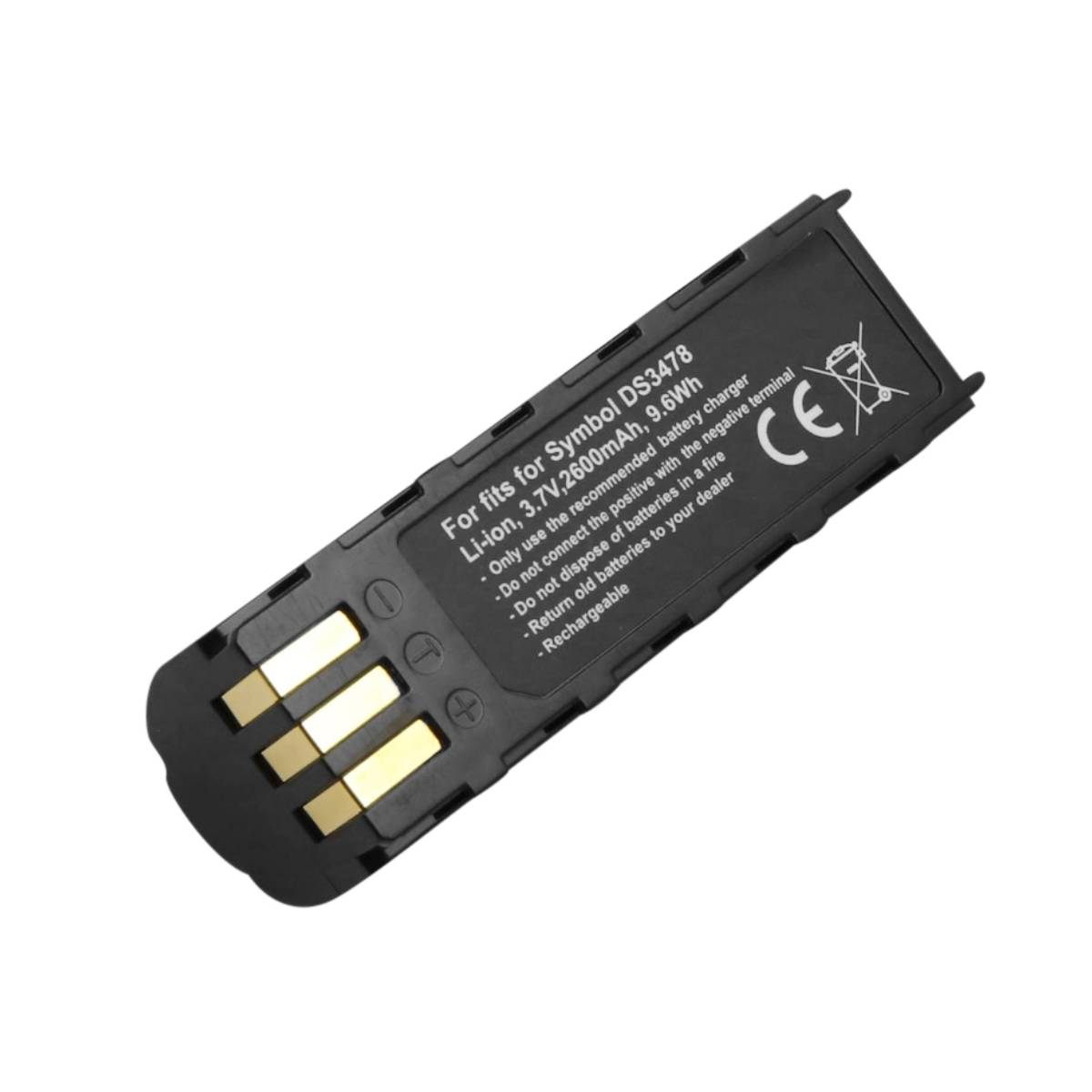 Un pacco batteria ricaricabile nero e grigio. C'è scritto: 'For fits for Symbol DS3478'. Ha connettori dorati.
