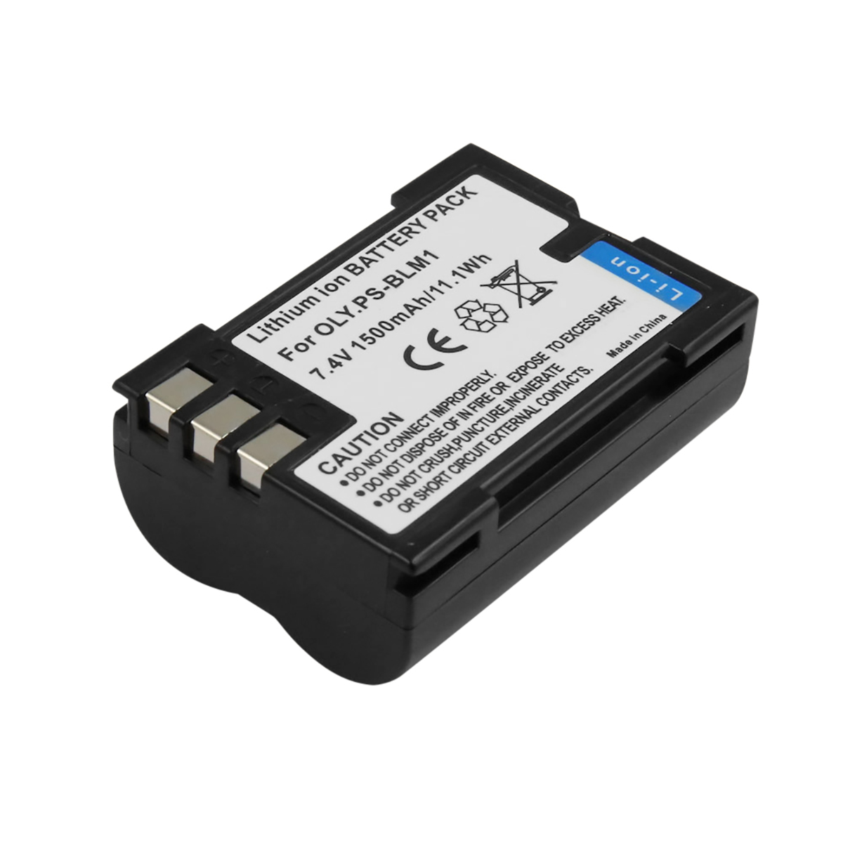 Schwarzer rechteckiger Kamera-Akkupack mit weißen Etiketten. Der Text enthält 'Lithium-Ionen', '7,4 V 1500 mAh' und Sicherheitshinweise.