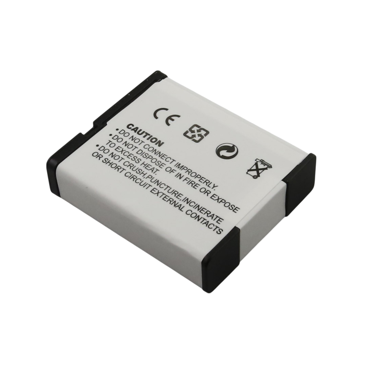 Una batteria rettangolare bianca con bordi neri. Presenta avvertenze di sicurezza e simboli stampati. Lo sfondo è bianco.