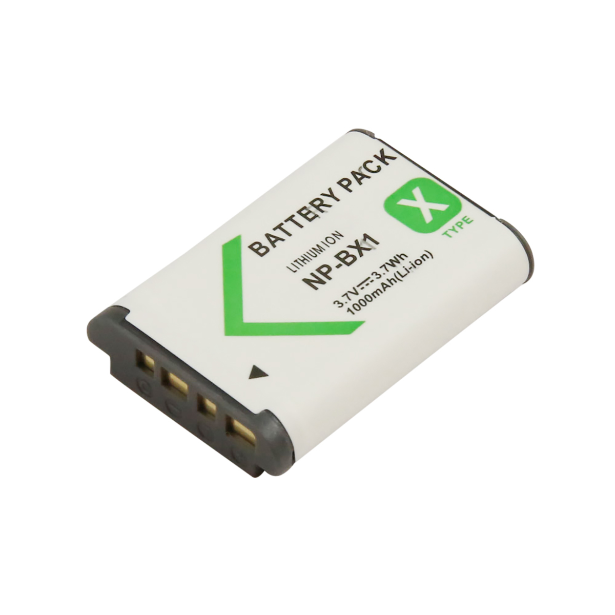 Una batteria rettangolare bianca e nera con segni e testo verdi, tra cui 'NP-BX1' e 'BATTERY PACK'.