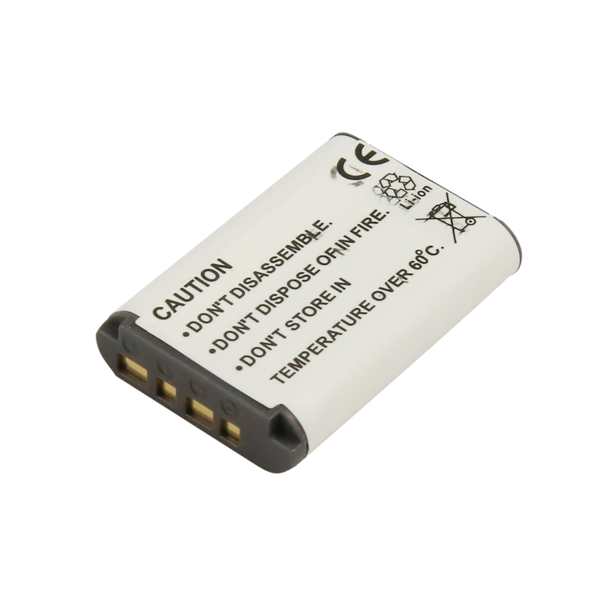 Una batteria bianca e rettangolare. Il testo include 'ATTENZIONE', 'NON SMONTARE' e 'TEMPERATURA SUPERIORE A 60°C'. Sono presenti un simbolo CE e icone di avvertimento.