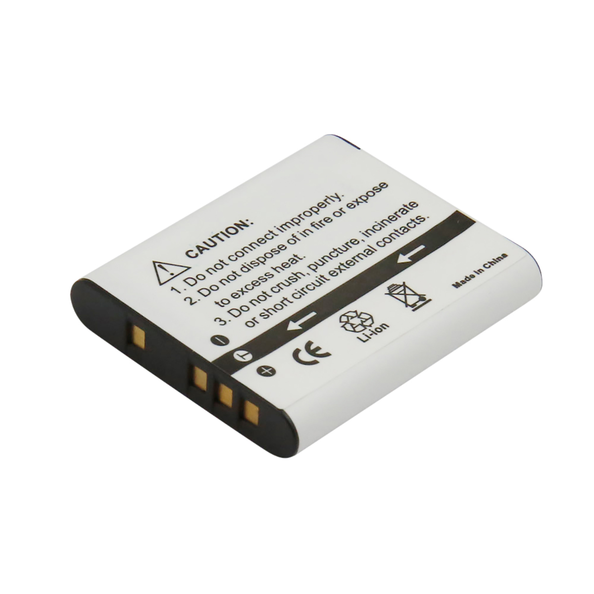 Une batterie blanche Li-ion avec des bords noirs. Des étiquettes d'avertissement et des symboles sont imprimés dessus. Texte incluant 'Made in China' et consignes.