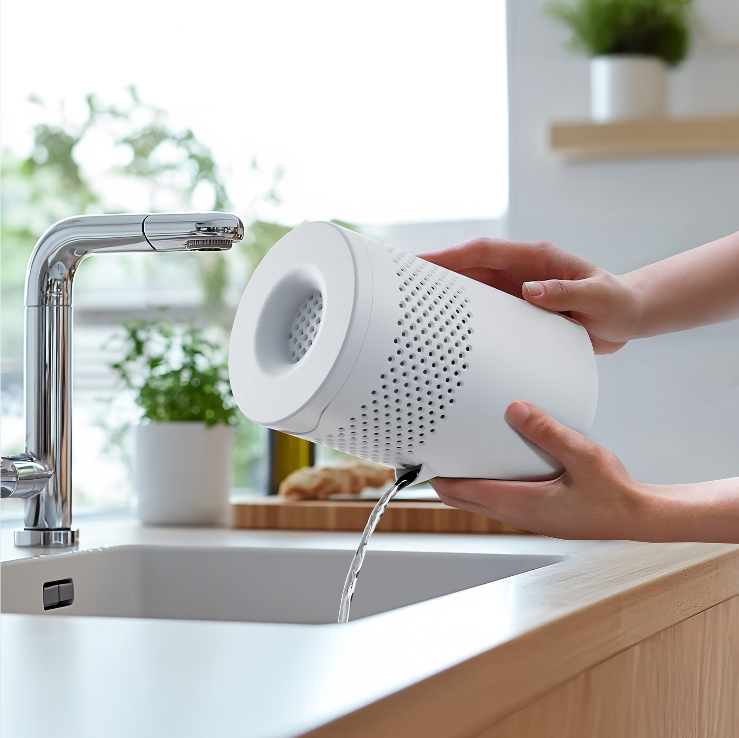 Eine Person gießt Wasser aus einem weißen zylindrischen Objekt in ein weißes Waschbecken. Die Szene spielt in einer Küche, mit Wasserhahn und Pflanzen.