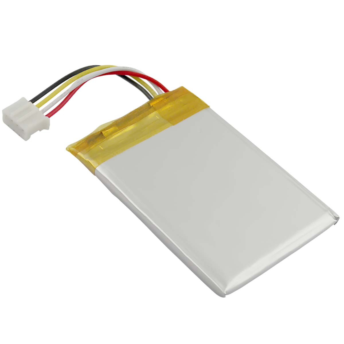 Une batterie rectangulaire blanche avec du ruban adhésif jaune a des fils de différentes couleurs et un connecteur blanc.