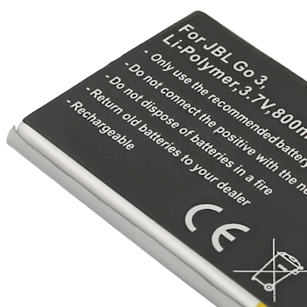 Étiquette de batterie noire avec texte blanc : Pour JBL Go 3, Li-Polymer, avertissements, symbole CE et de recyclage.