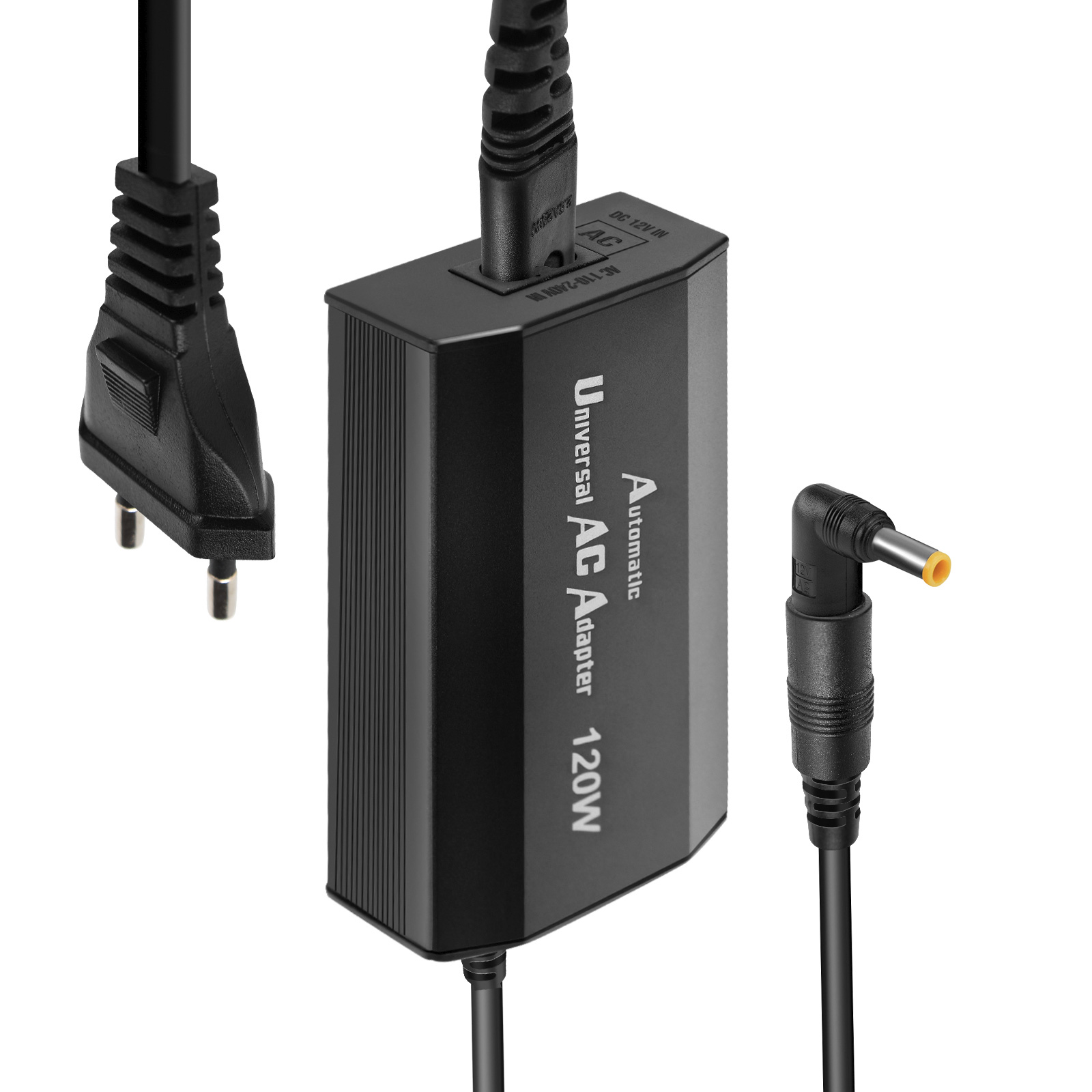 Adattatore CA universale nero da 120 W con più connettori. Spina a sinistra, adattatore al centro e connettore a destra.
