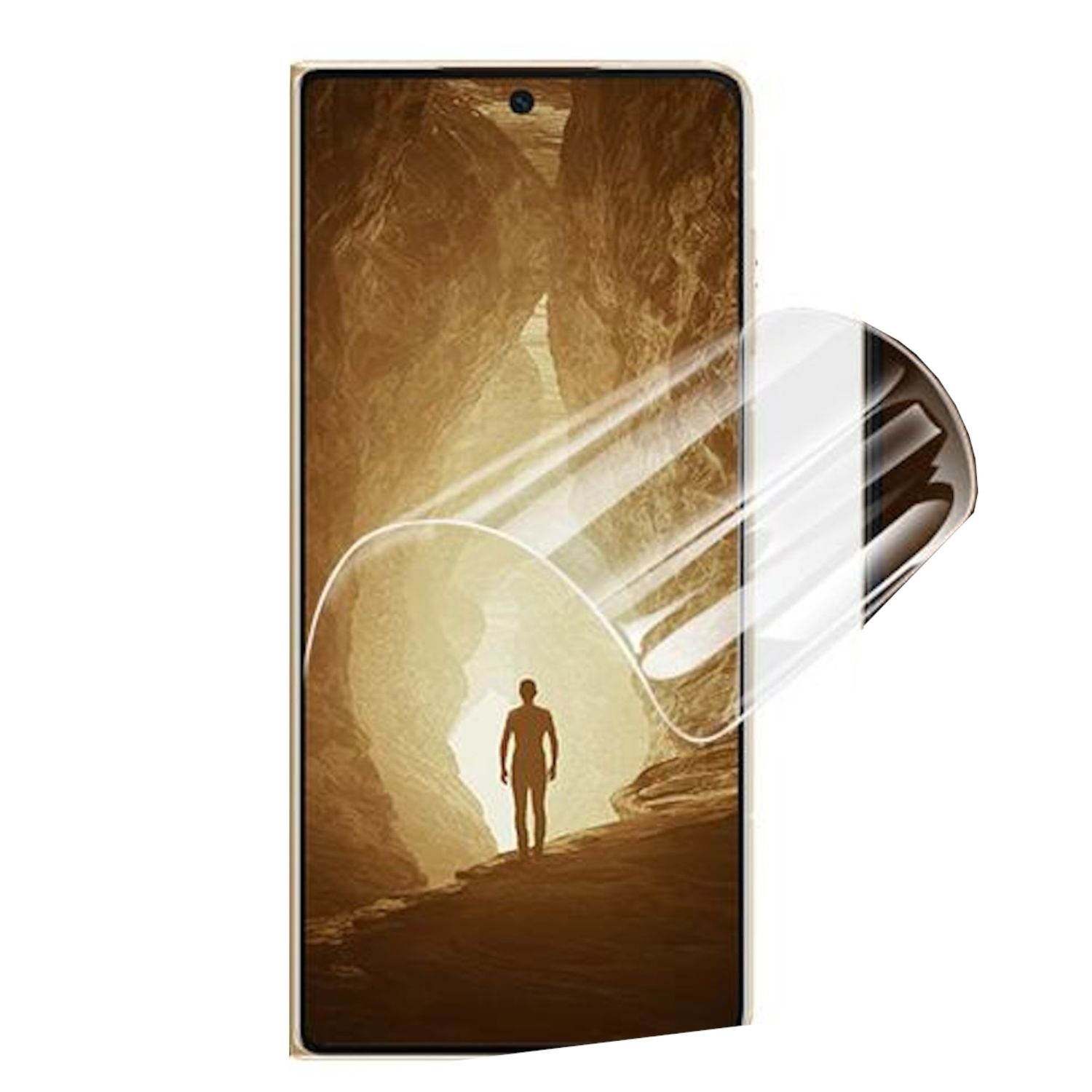 Telefon zeigt Person in Schlucht. Schutzfolie wird vom Bildschirm abgezogen.