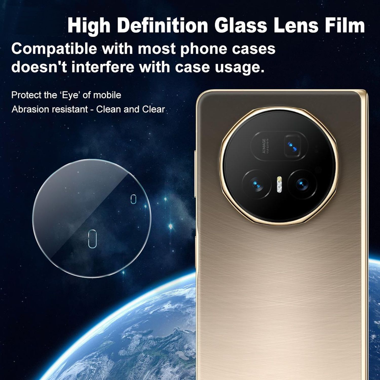 Un'immagine mostra un telefono con un proteggi obiettivo. Il testo promuove il prodotto: High Definition Glass Lens Film, compatibile con le custodie.